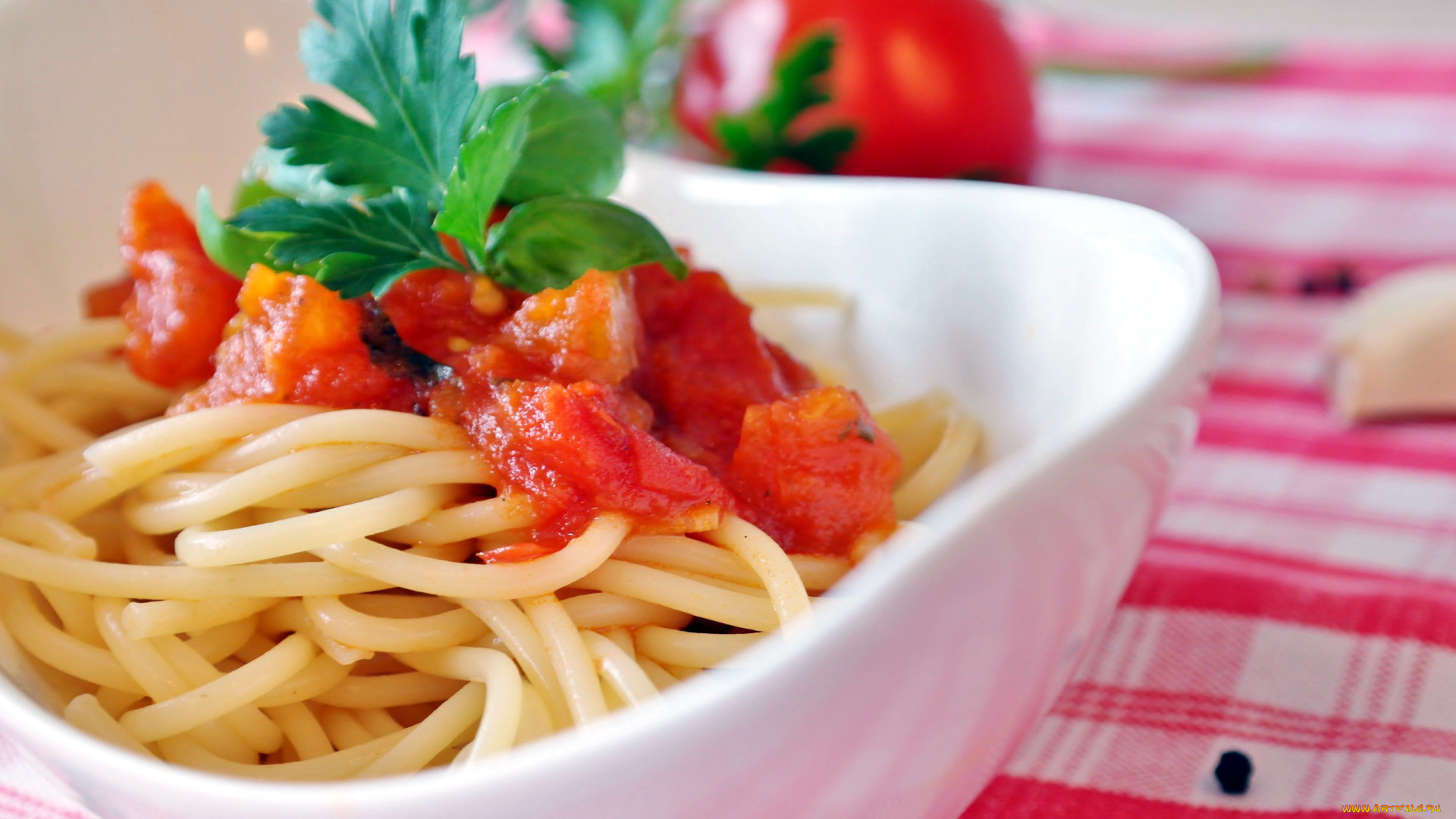 еда, макаронные, блюда, базилик, спагетти, помидор