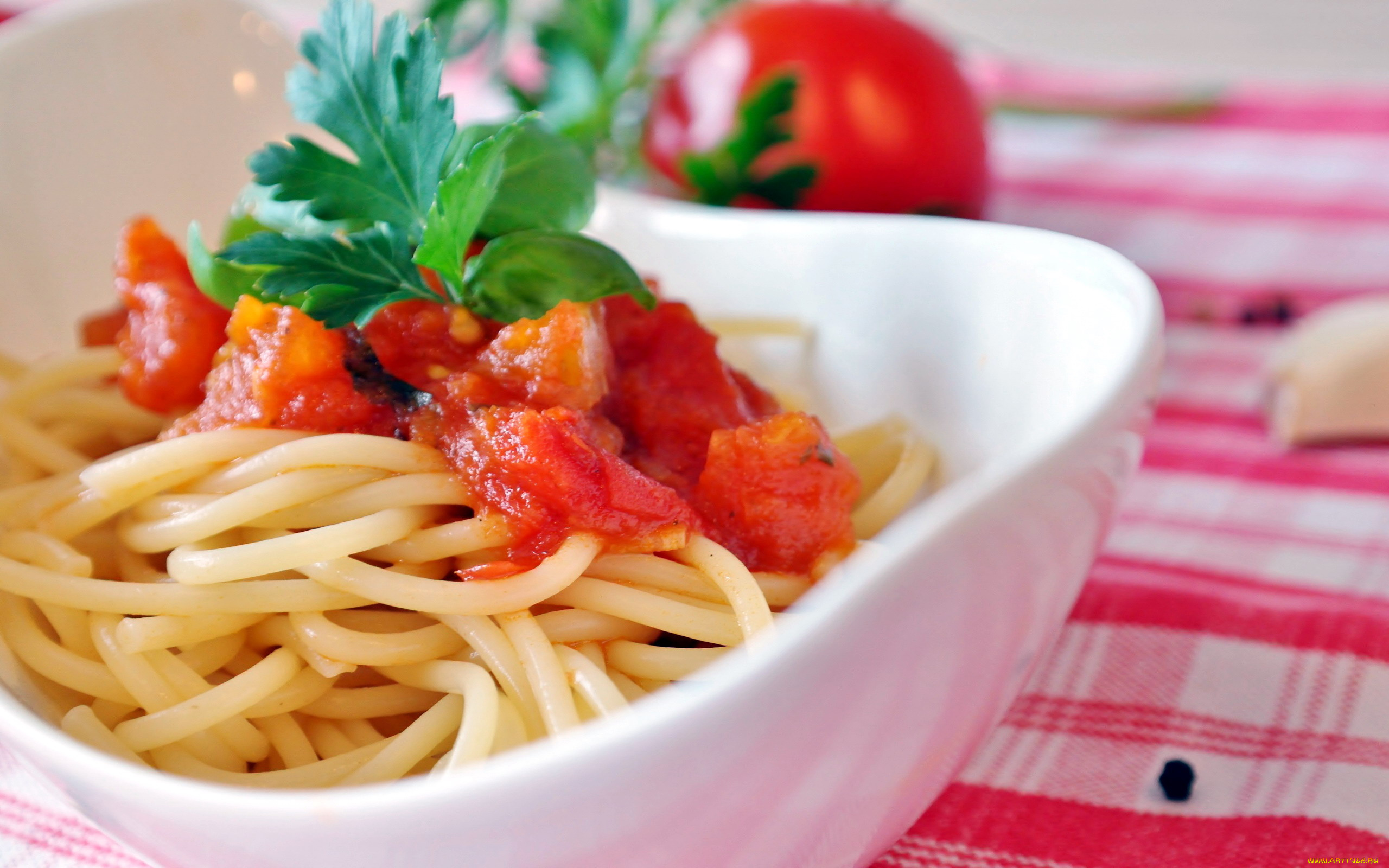 еда, макаронные, блюда, базилик, спагетти, помидор