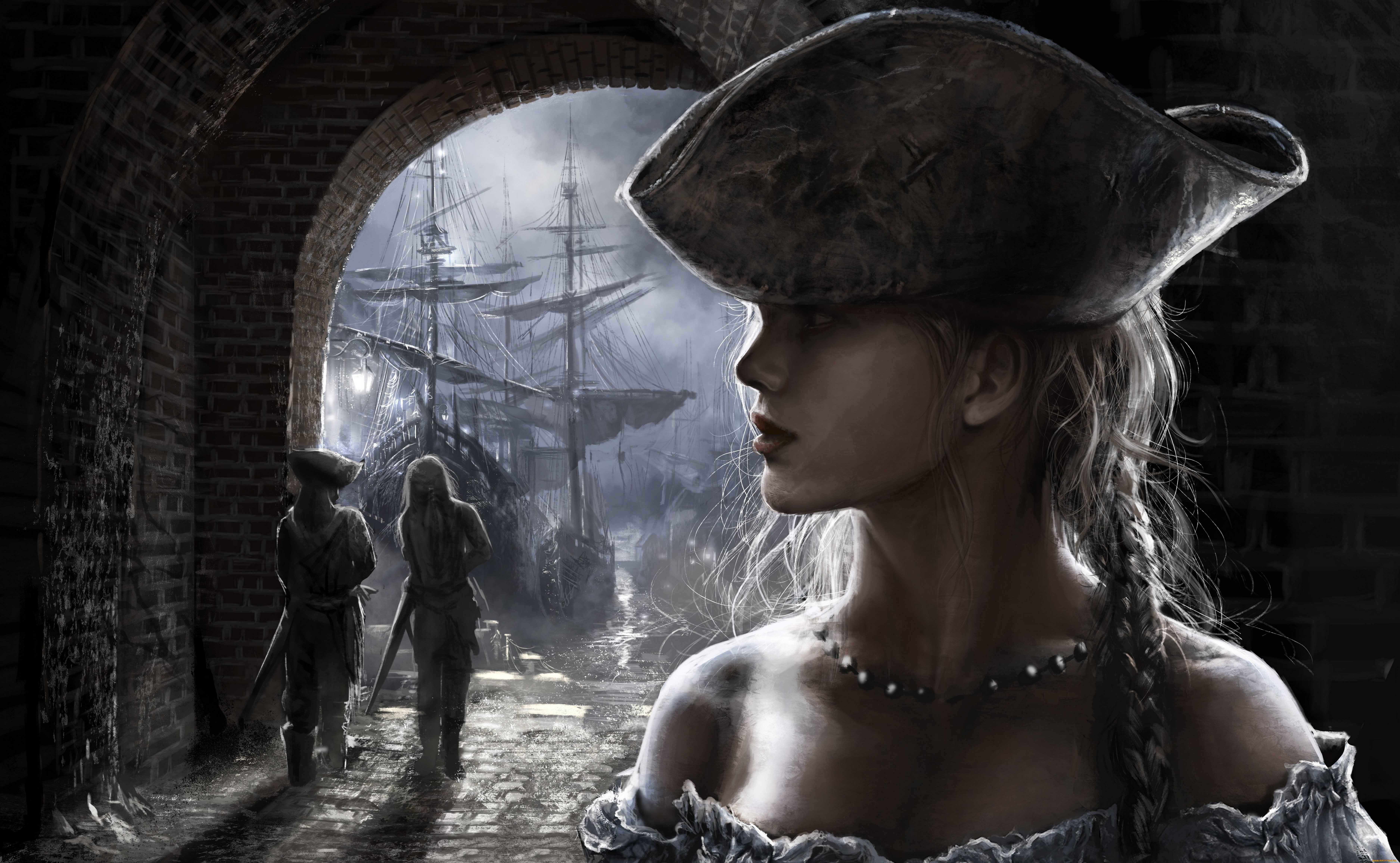 фэнтези, девушки, пираты, шляпа, причал, корабль, девушка