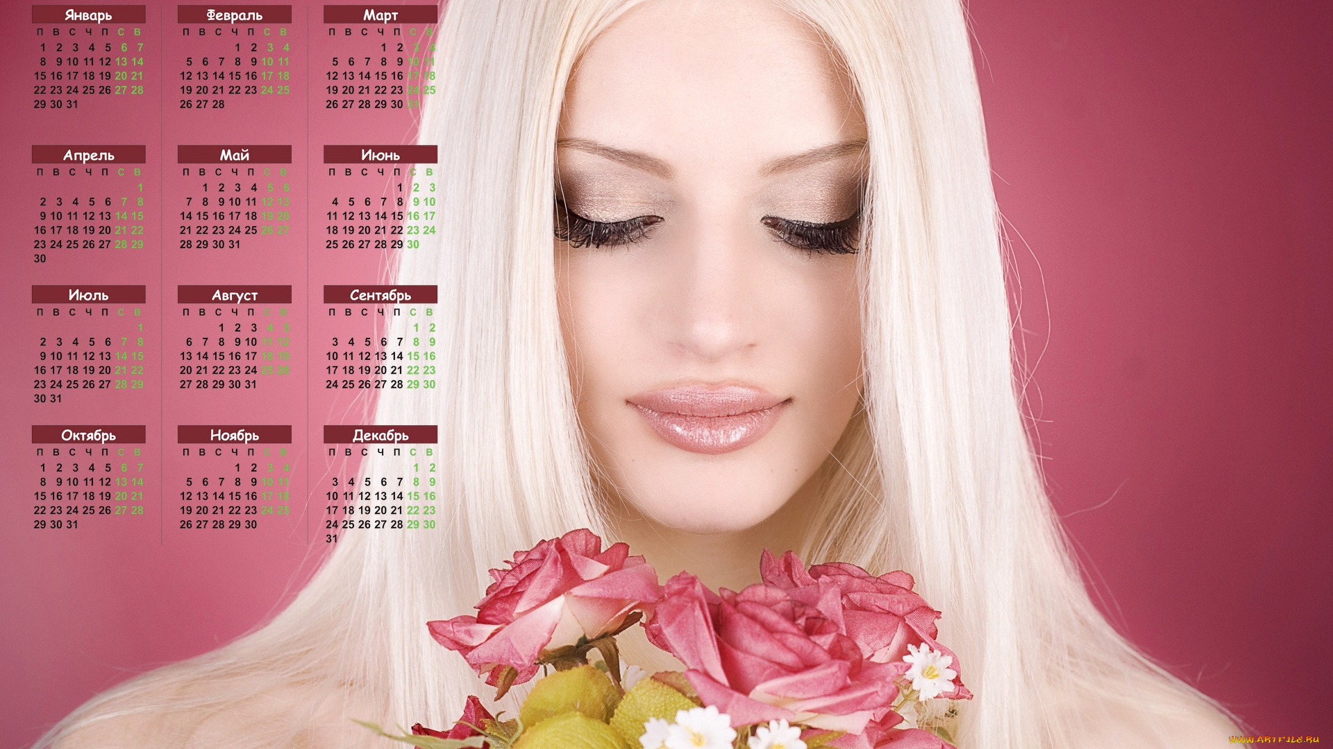 календари, девушки, макияж, букет, блондинка