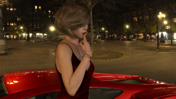 Картинка 3д+графика люди-авто мото+ people-+car+ +moto девушка ночь город автомобиль взгляд фон
