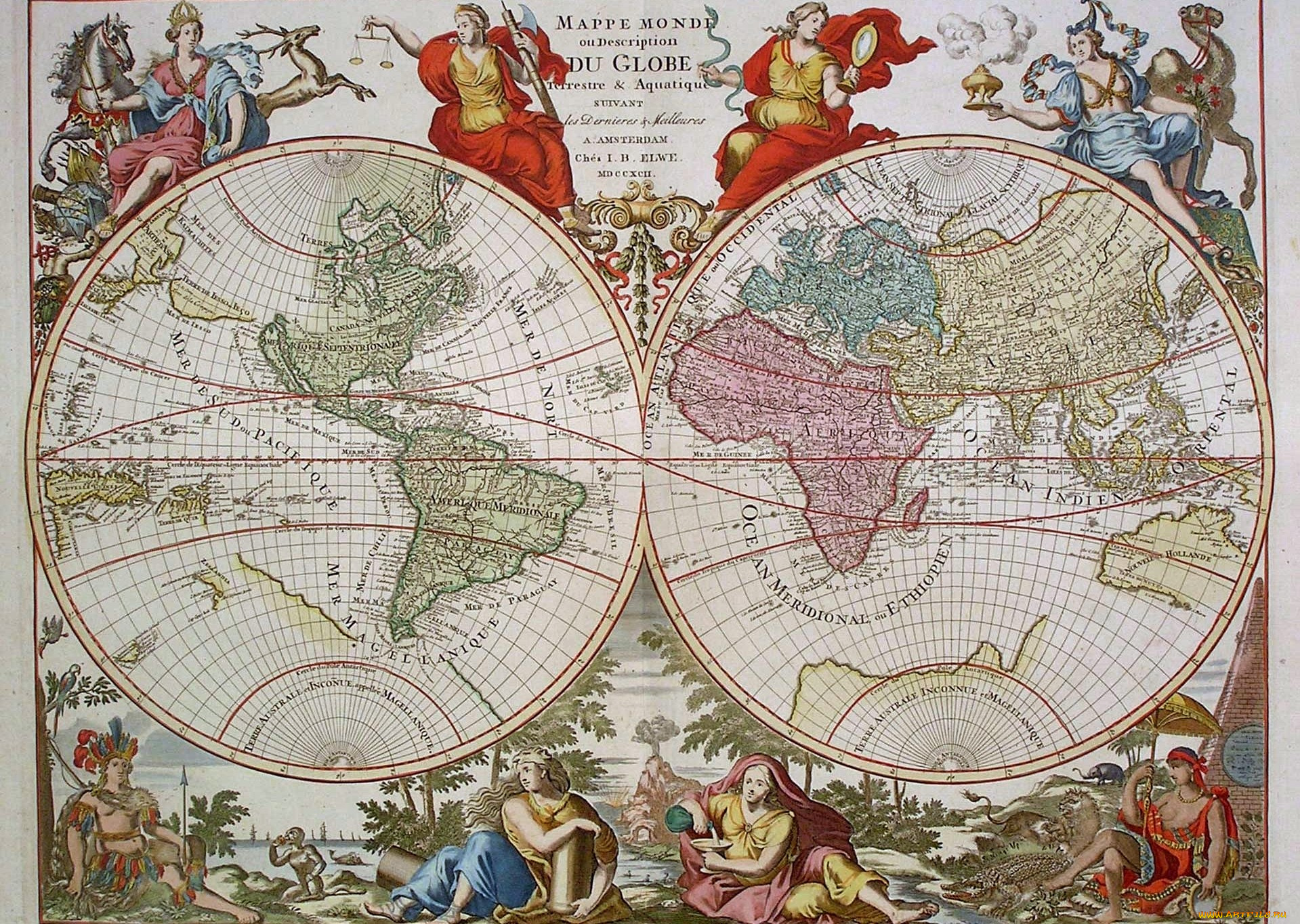 старинная, карта, мира, разное, глобусы, карты, полушария, континенты