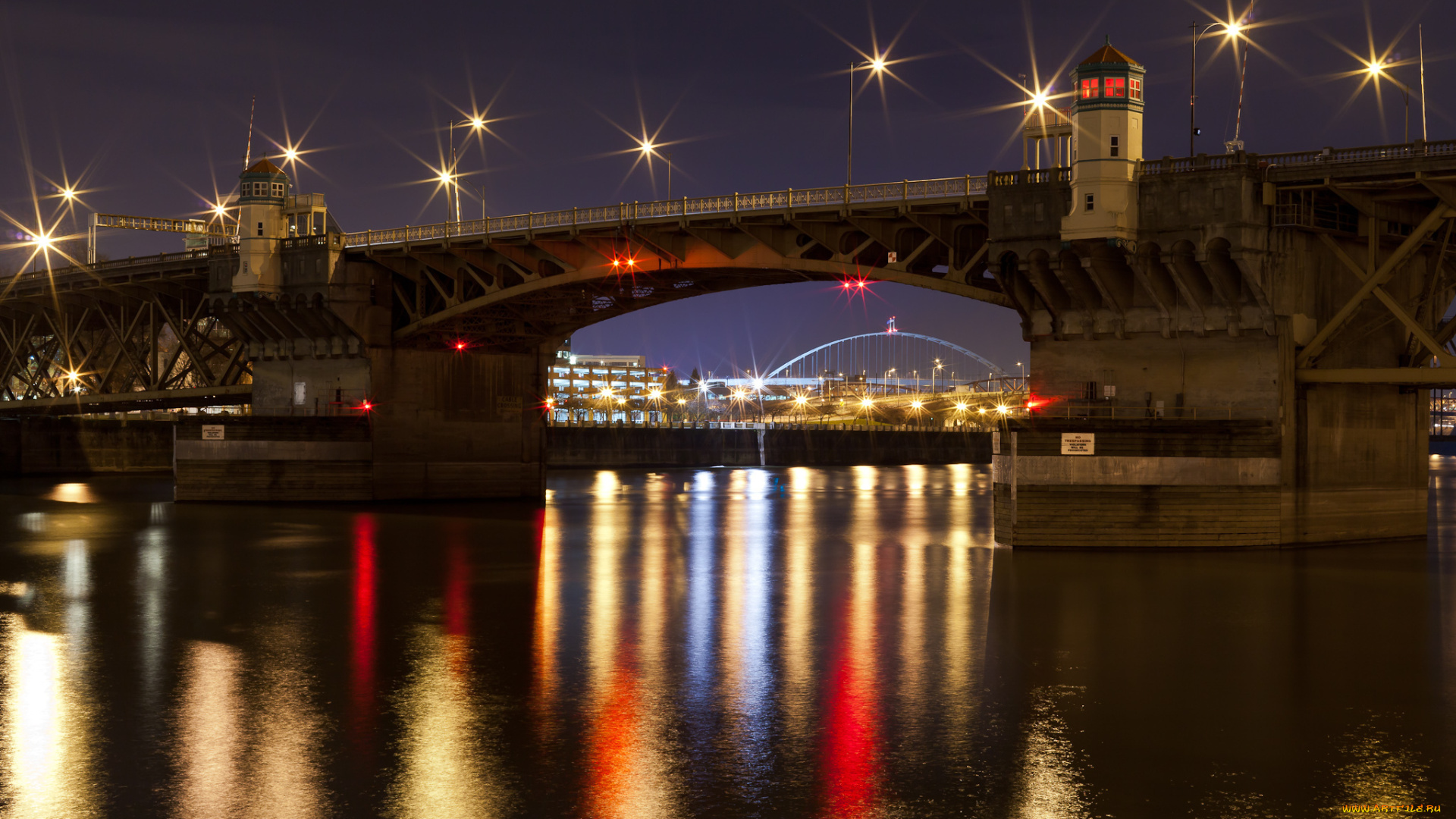 города, мосты, ночь, река, мост, огни, burnside, bridge, portland, oregon