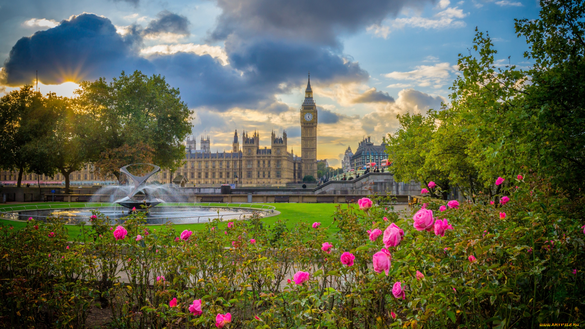 города, лондон, , великобритания, цветы, биг-бен, вестминстерский, дворец, england, парк, london, англия, лондон, розы, кусты, big, ben, palace, of, westminster, фонтан