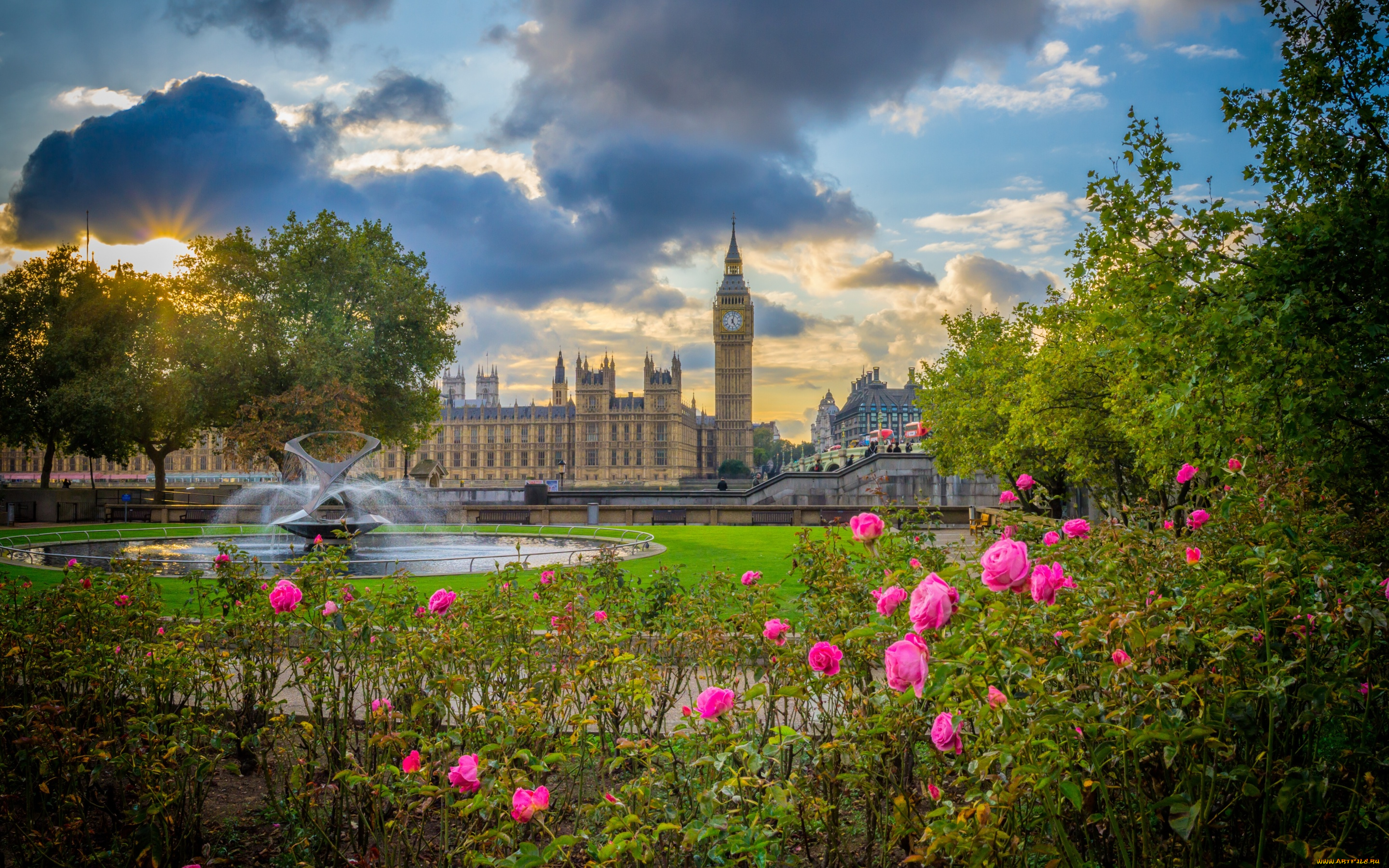 города, лондон, , великобритания, цветы, биг-бен, вестминстерский, дворец, england, парк, london, англия, лондон, розы, кусты, big, ben, palace, of, westminster, фонтан