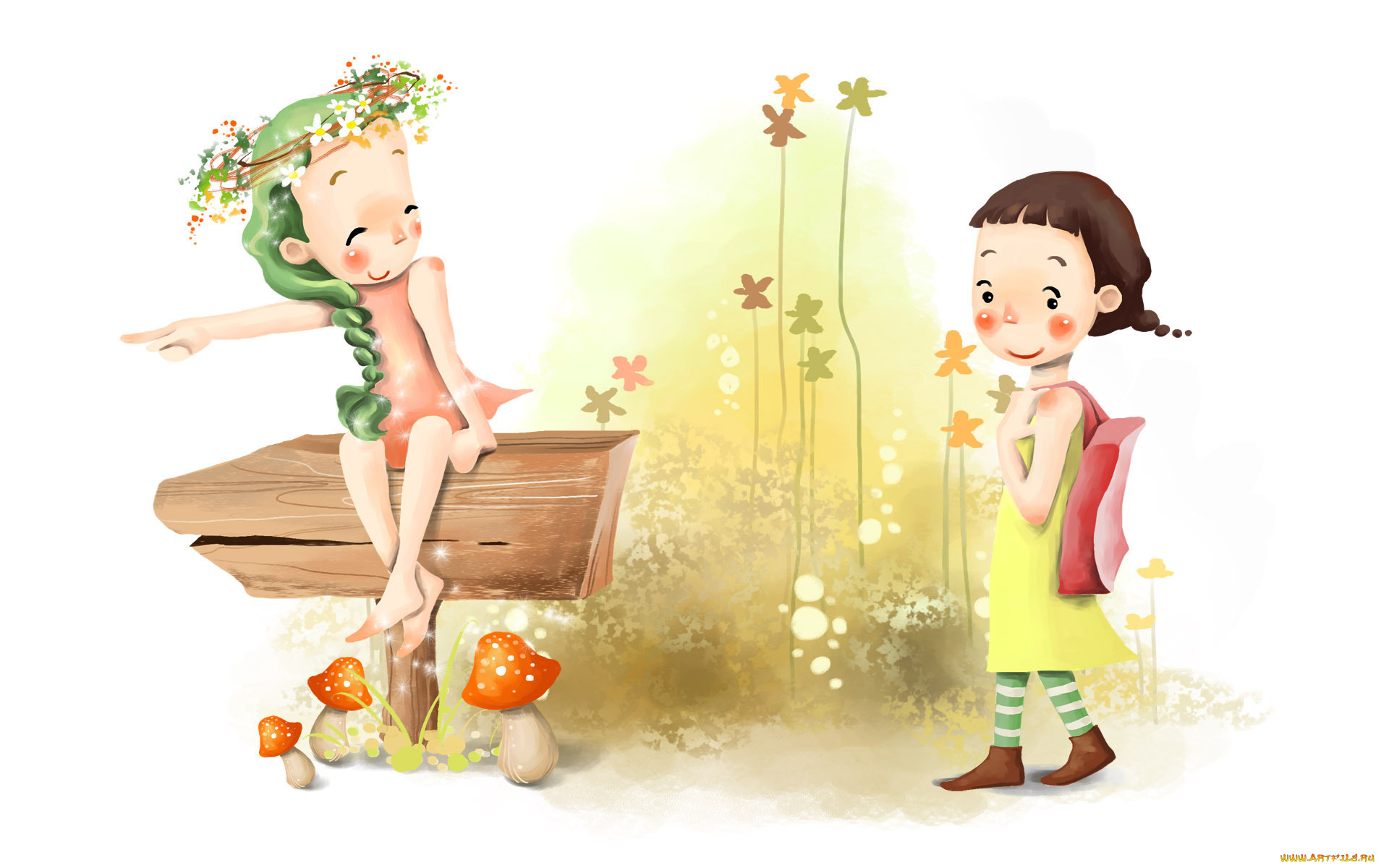 рисованные, дети, грибы, скамейка, девушки, цветы