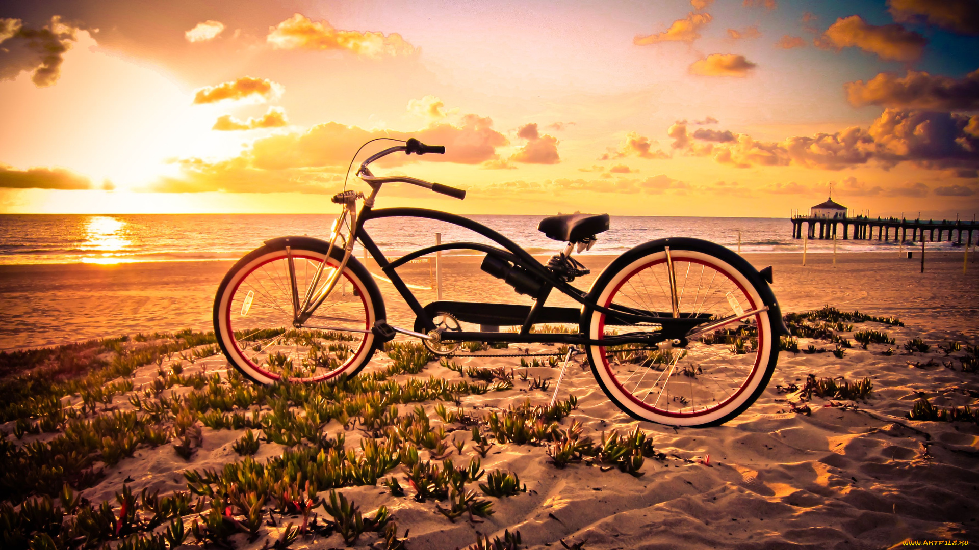 техника, велосипеды, море, закат, велосипед, пляж