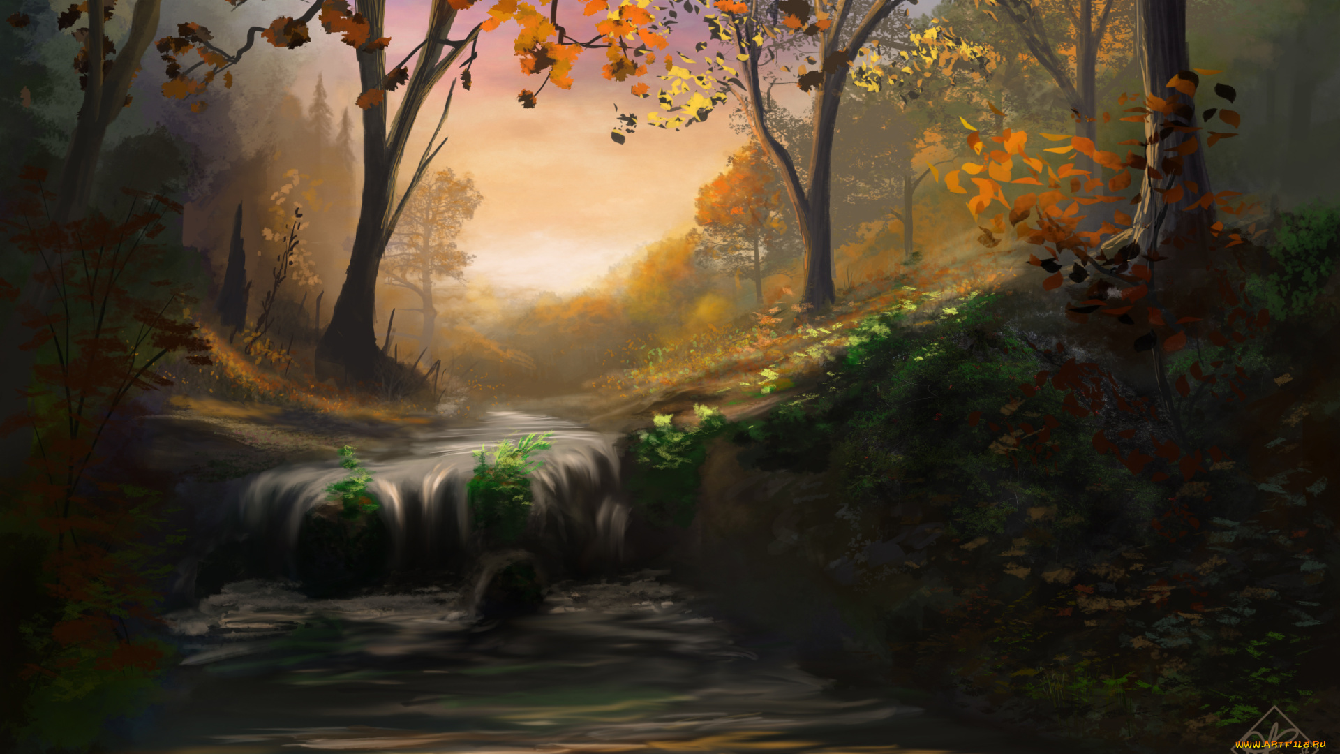 рисованное, природа, деревья, водопад, осень, река, поток, лес, листья