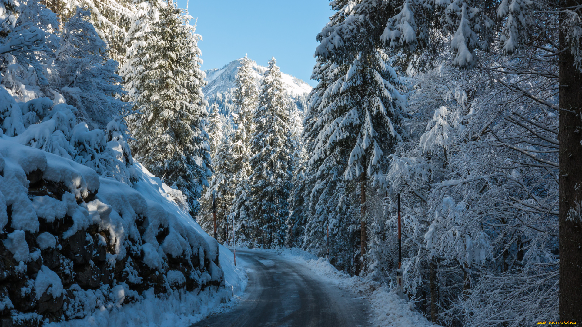 природа, зима, лес, горы, снег, дорога