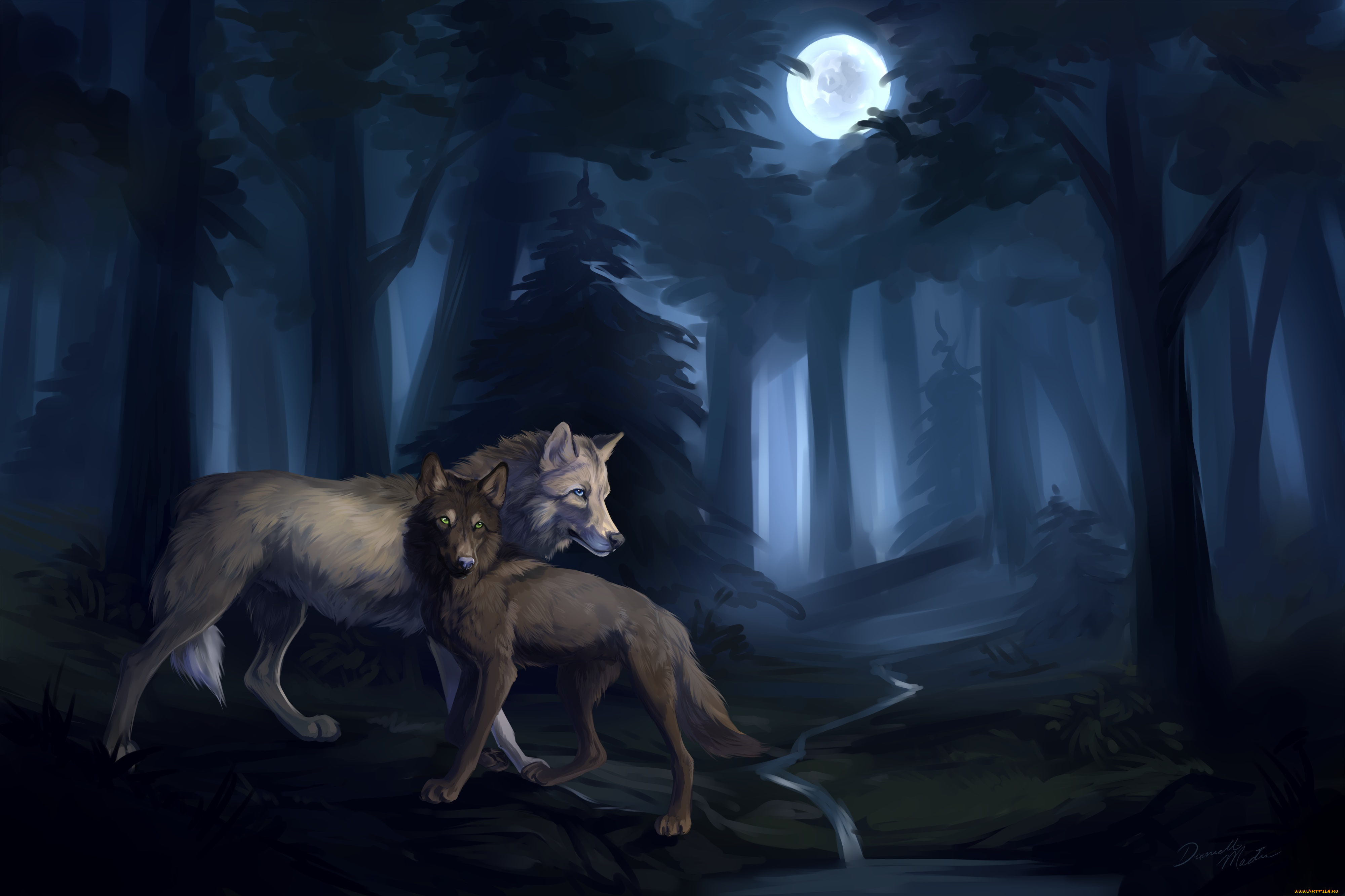 рисованные, животные, , волки, волки, луна, лес, ночь