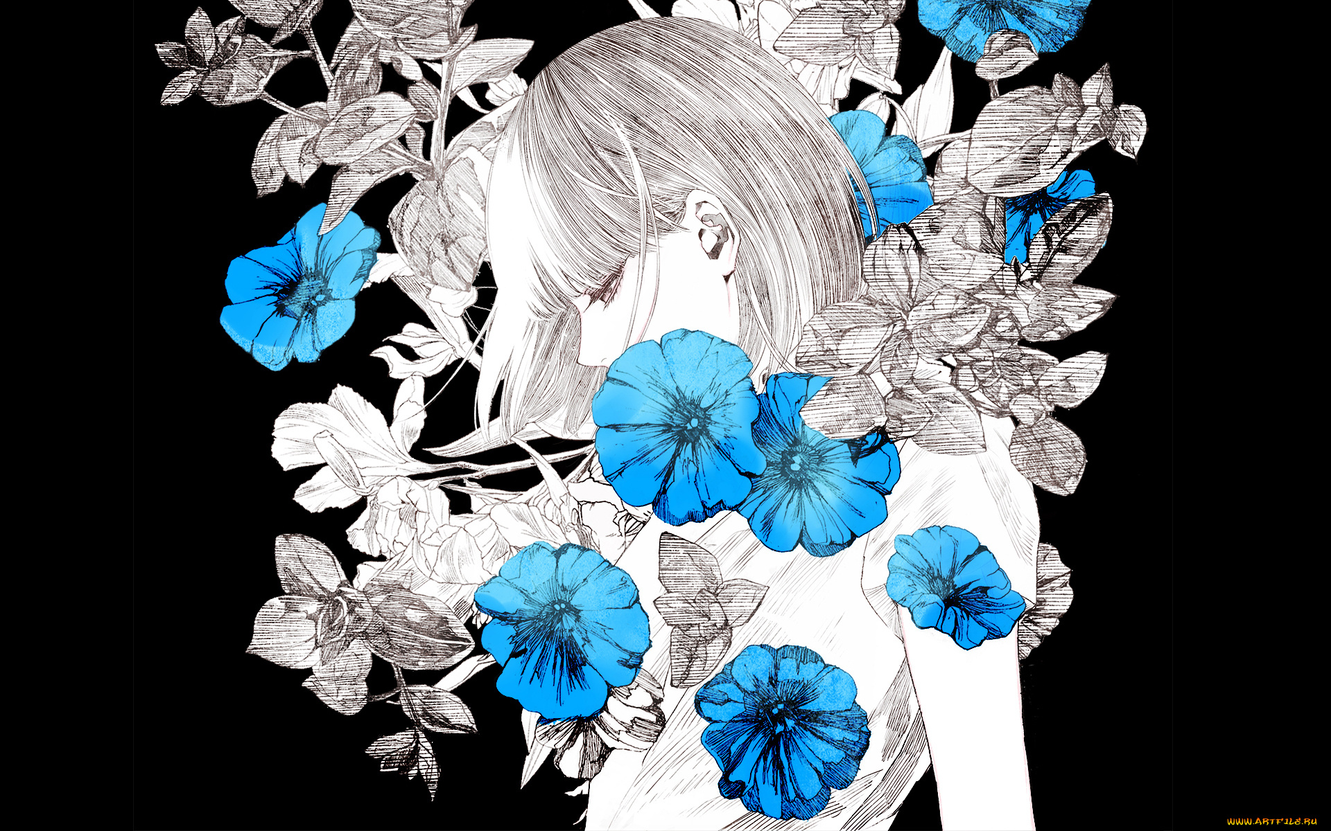 аниме, unknown, , другое, art, kiyohara, hiro, девушка, цветы, черный, фон