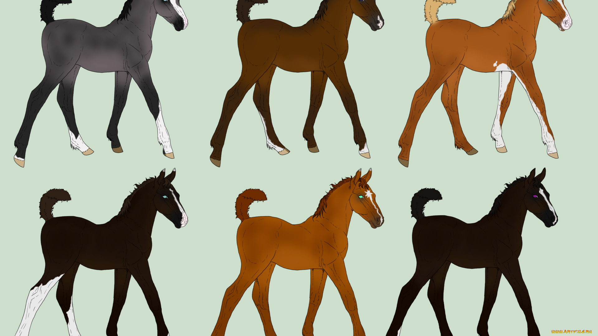рисованное, животные, , лошади, лошадки, фон