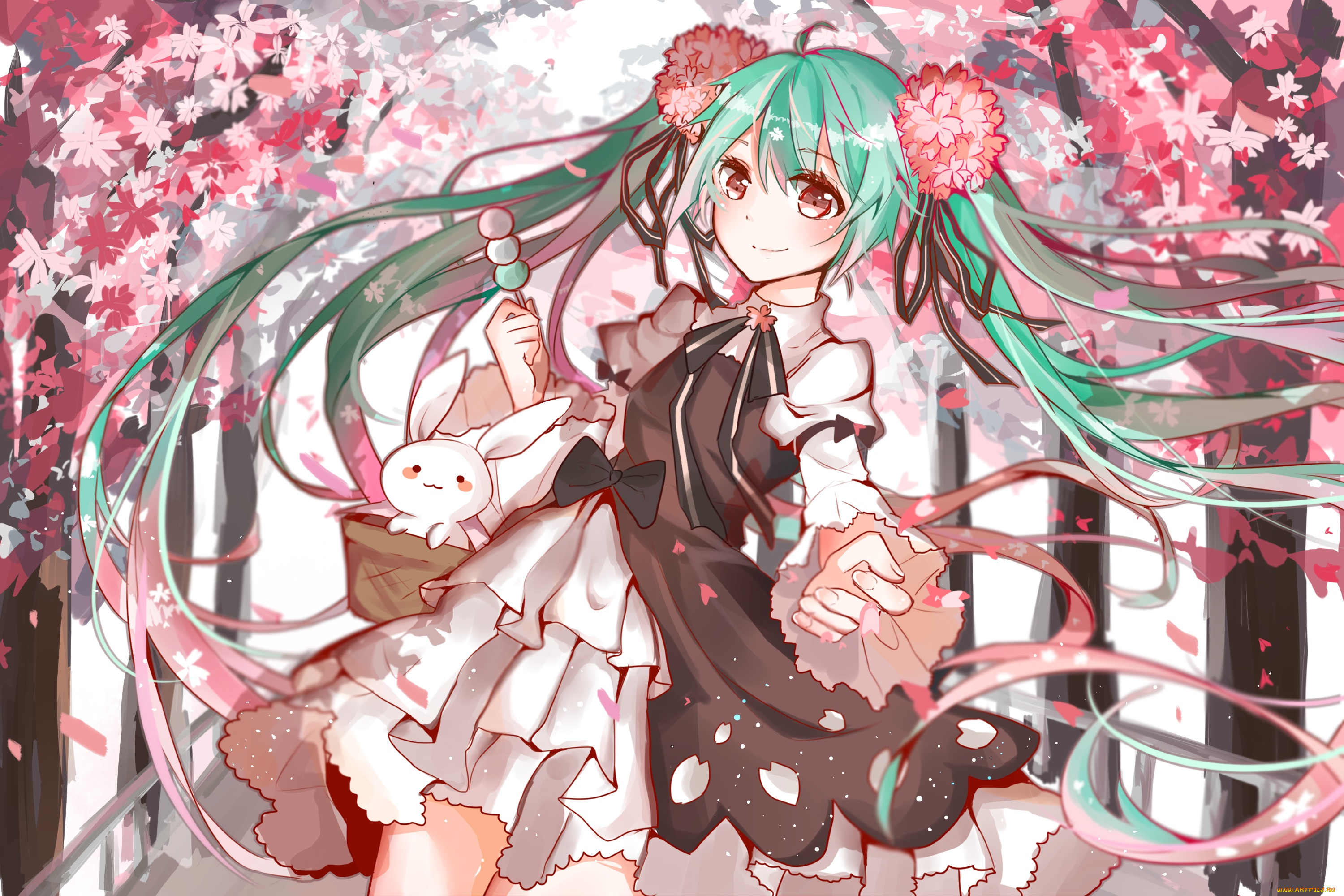 аниме, vocaloid, арт, yy58531214, hatsune, miku, цветы, кролик, платье, девушка