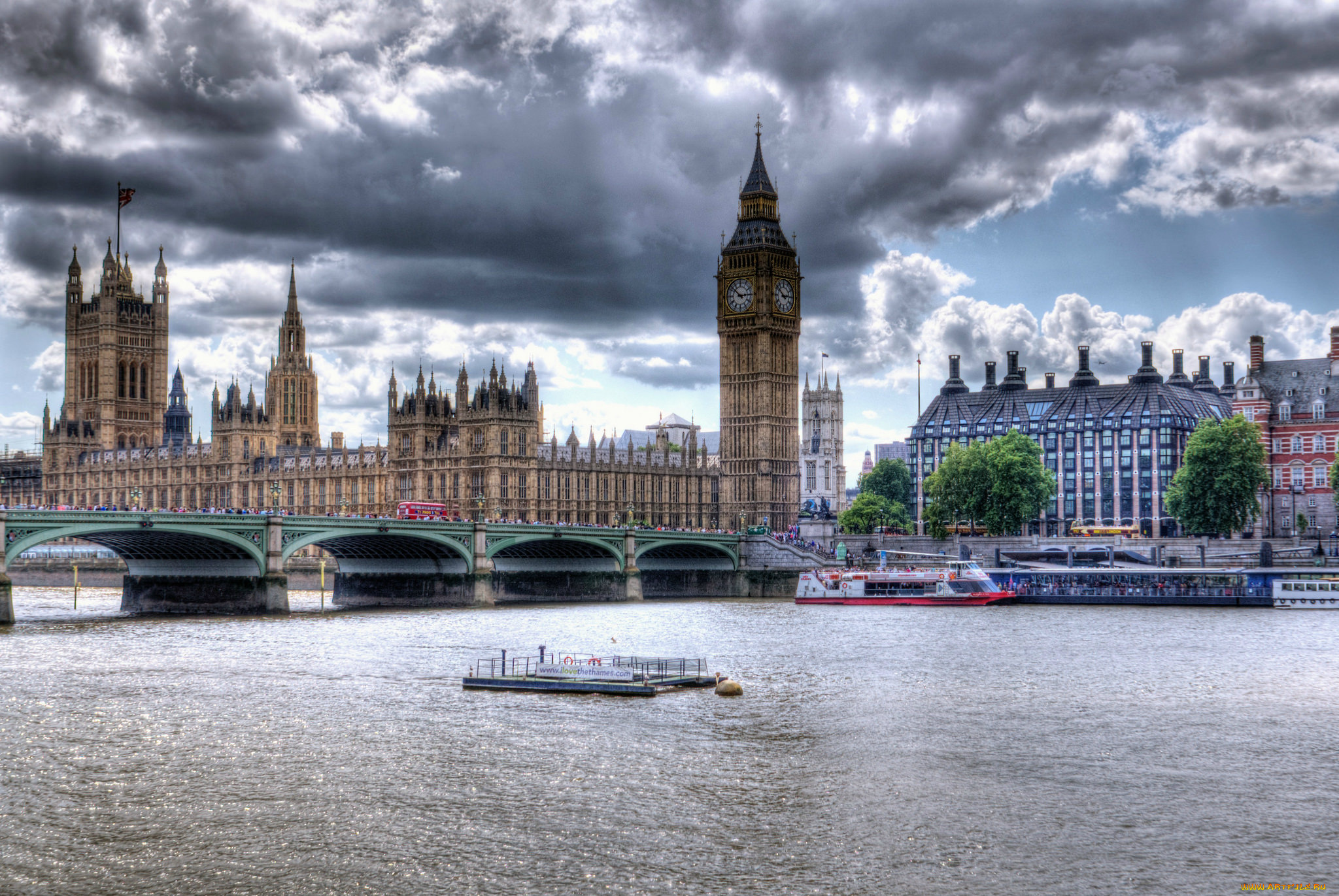 города, лондон, , великобритания, часы, башня, река, мост