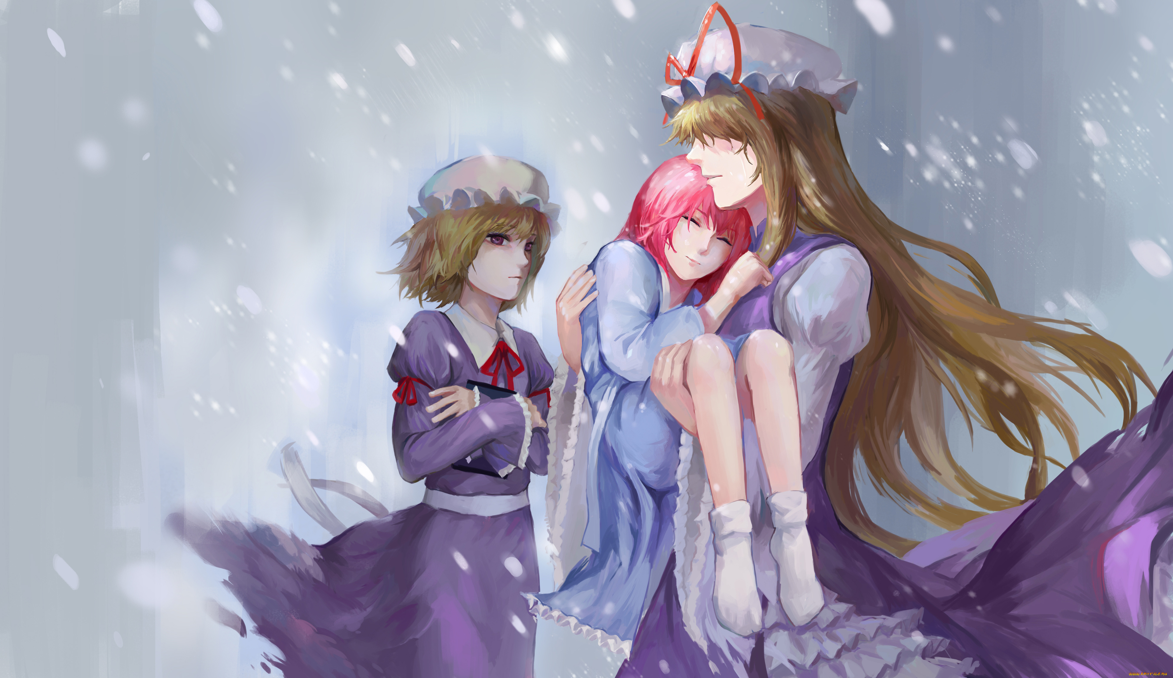 аниме, touhou, чепчик, снег, платье, девушки