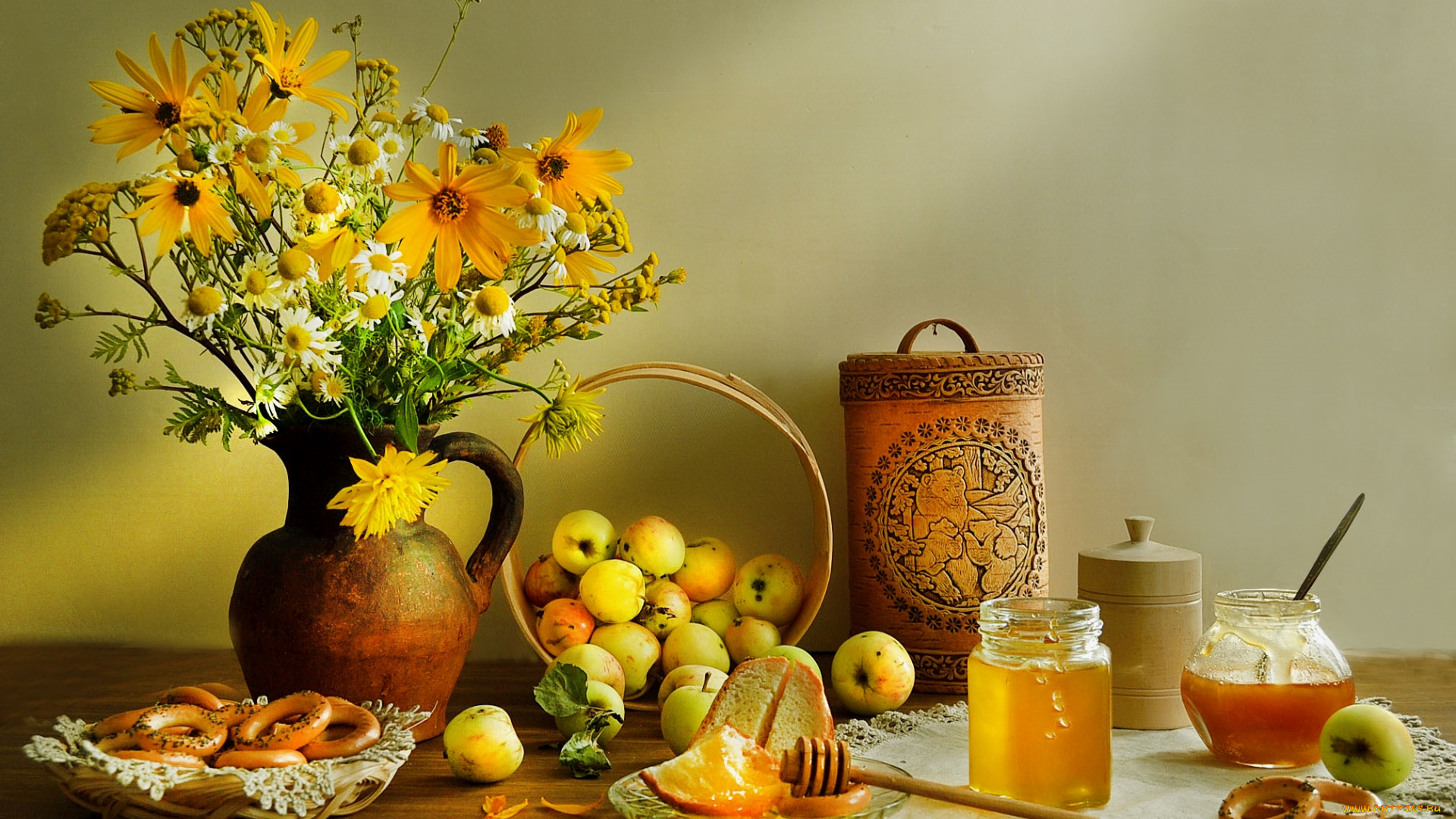 еда, натюрморт, цветы, сушки, мед, яблоки