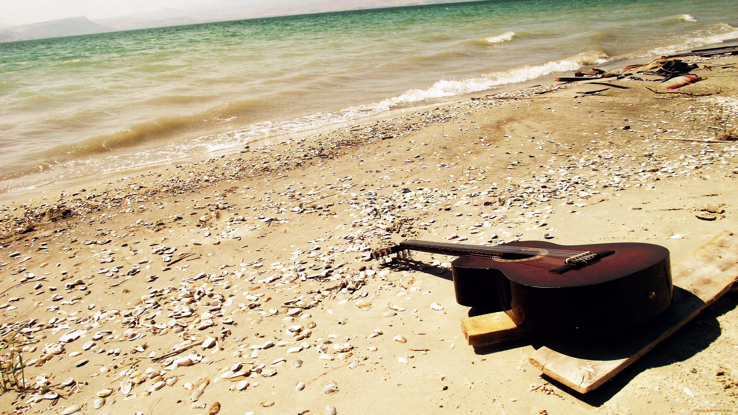 музыка, -музыкальные, инструменты, море, пляж, гитара