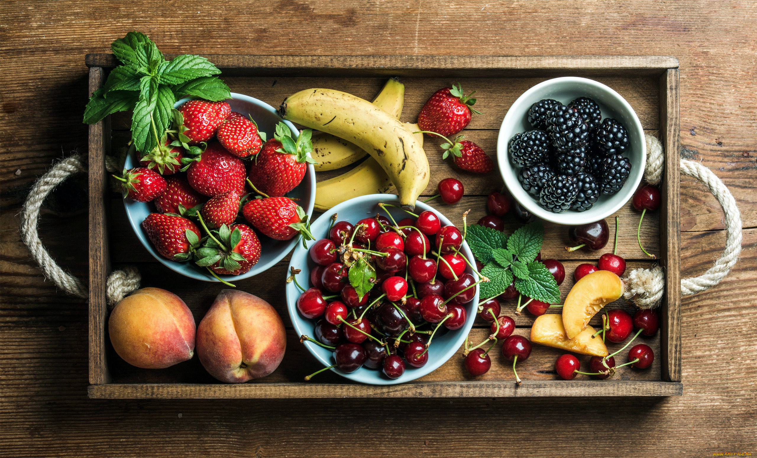 еда, фрукты, , ягоды, банан, ежевика, вишня, клубника, персик