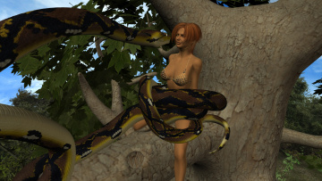 Картинка 3д+графика фантазия+ fantasy дерево фон змея девушка взгляд