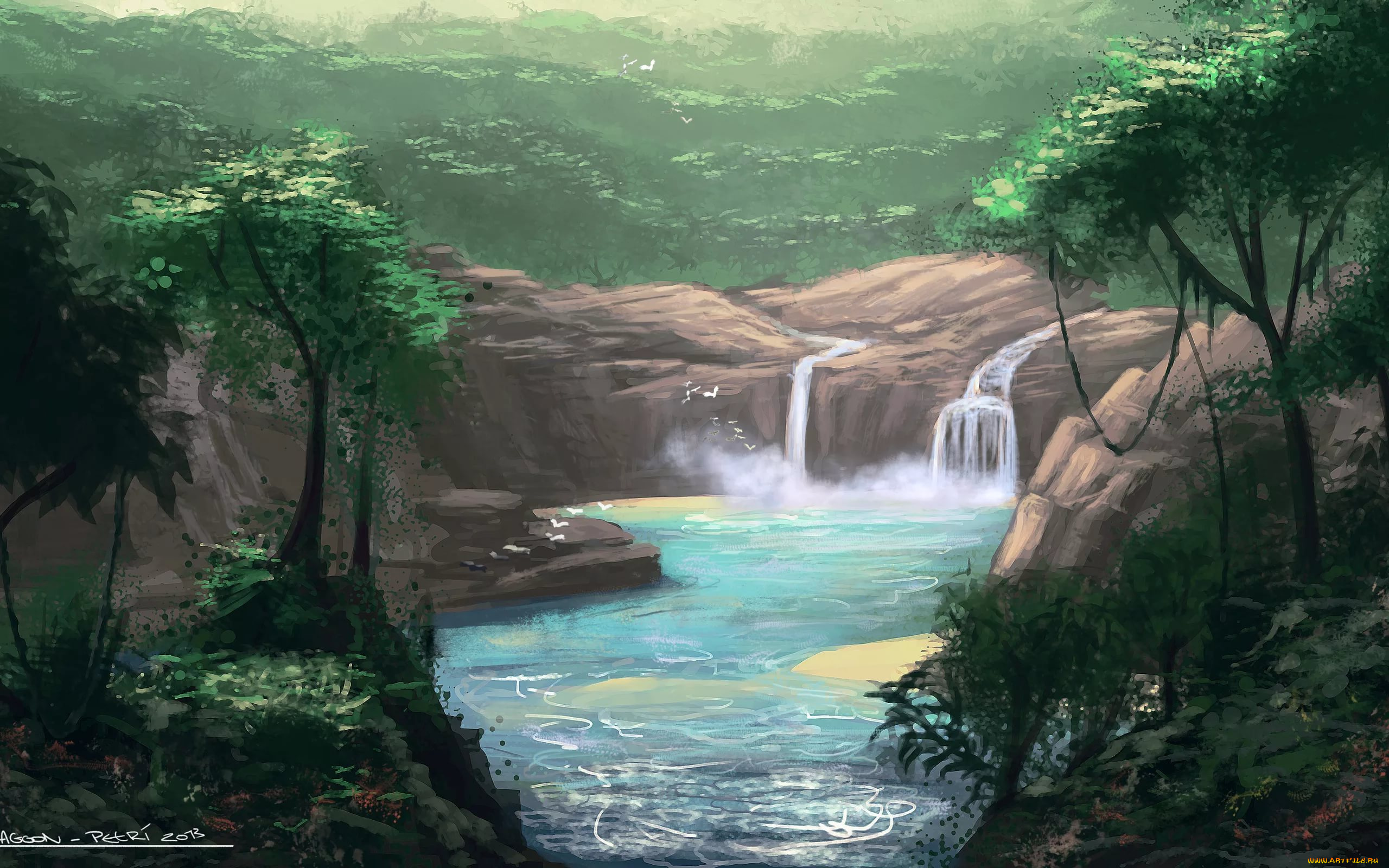 рисованное, природа, деревья, лес, река, водопад
