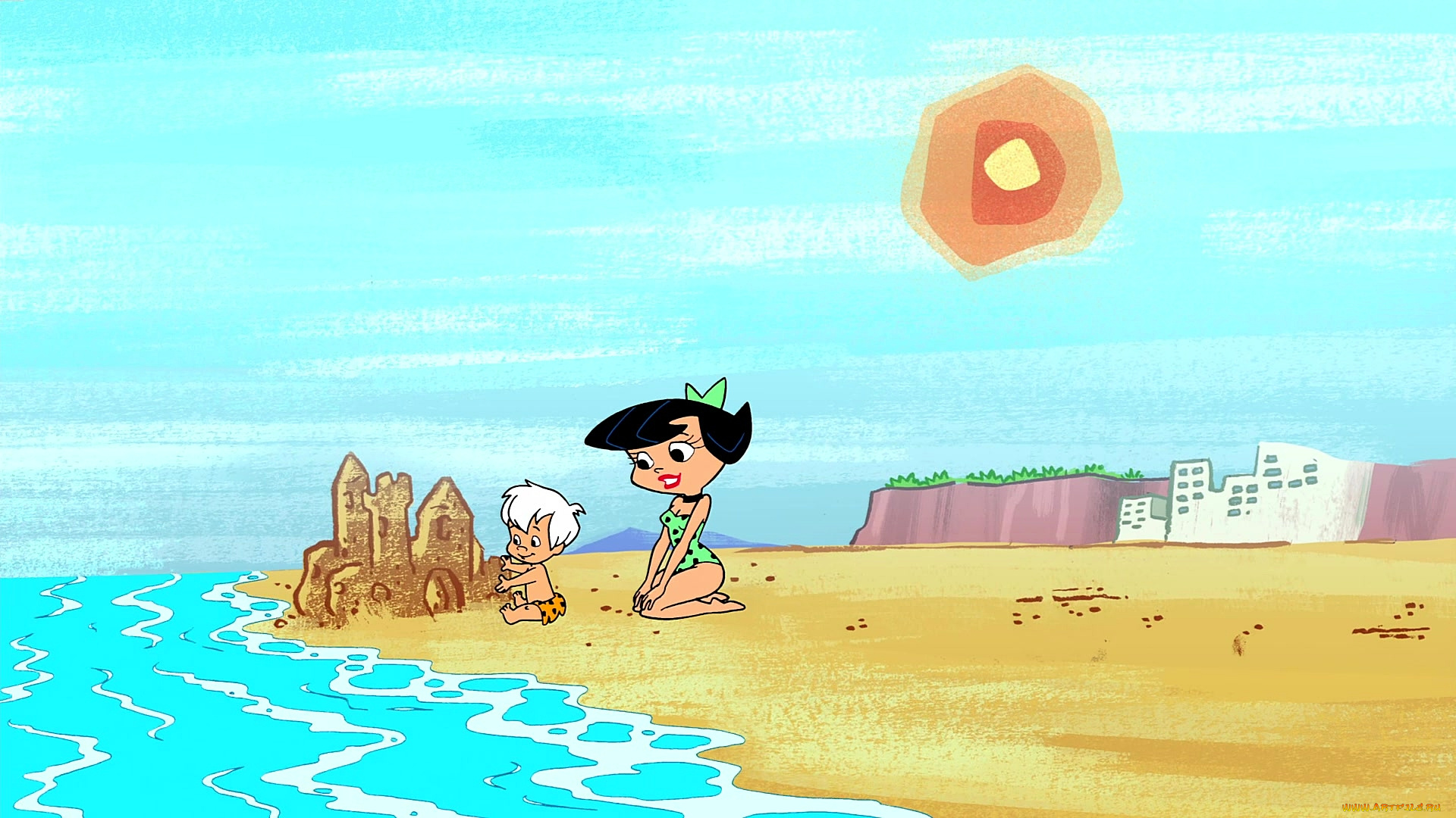 мультфильмы, the, flintstones, женщина, ребенок, море, песок, солнце