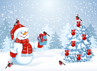 обоя праздничные, векторная графика , новый год, снеговик, новый, год, праздник, елки, зима, снег