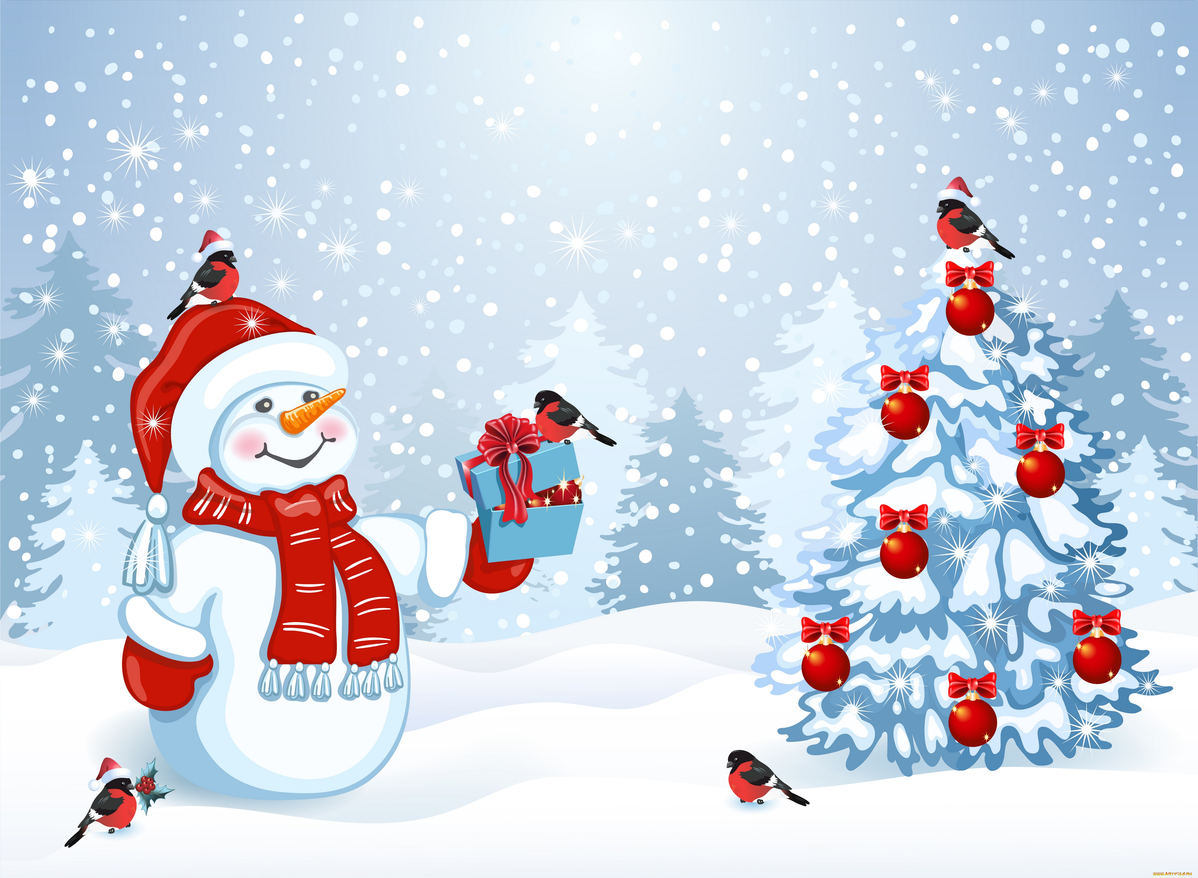 праздничные, векторная, графика, , новый, год, снеговик, новый, год, праздник, елки, зима, снег
