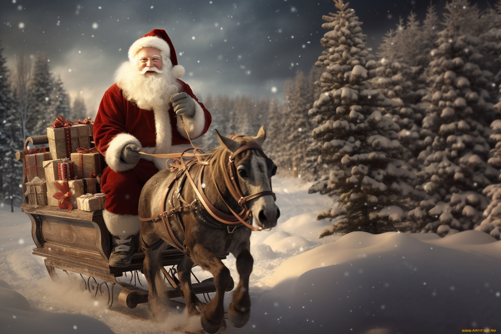 праздничные, дед, мороз, , санта, клаус, санта, повозка, лошадь, подарки