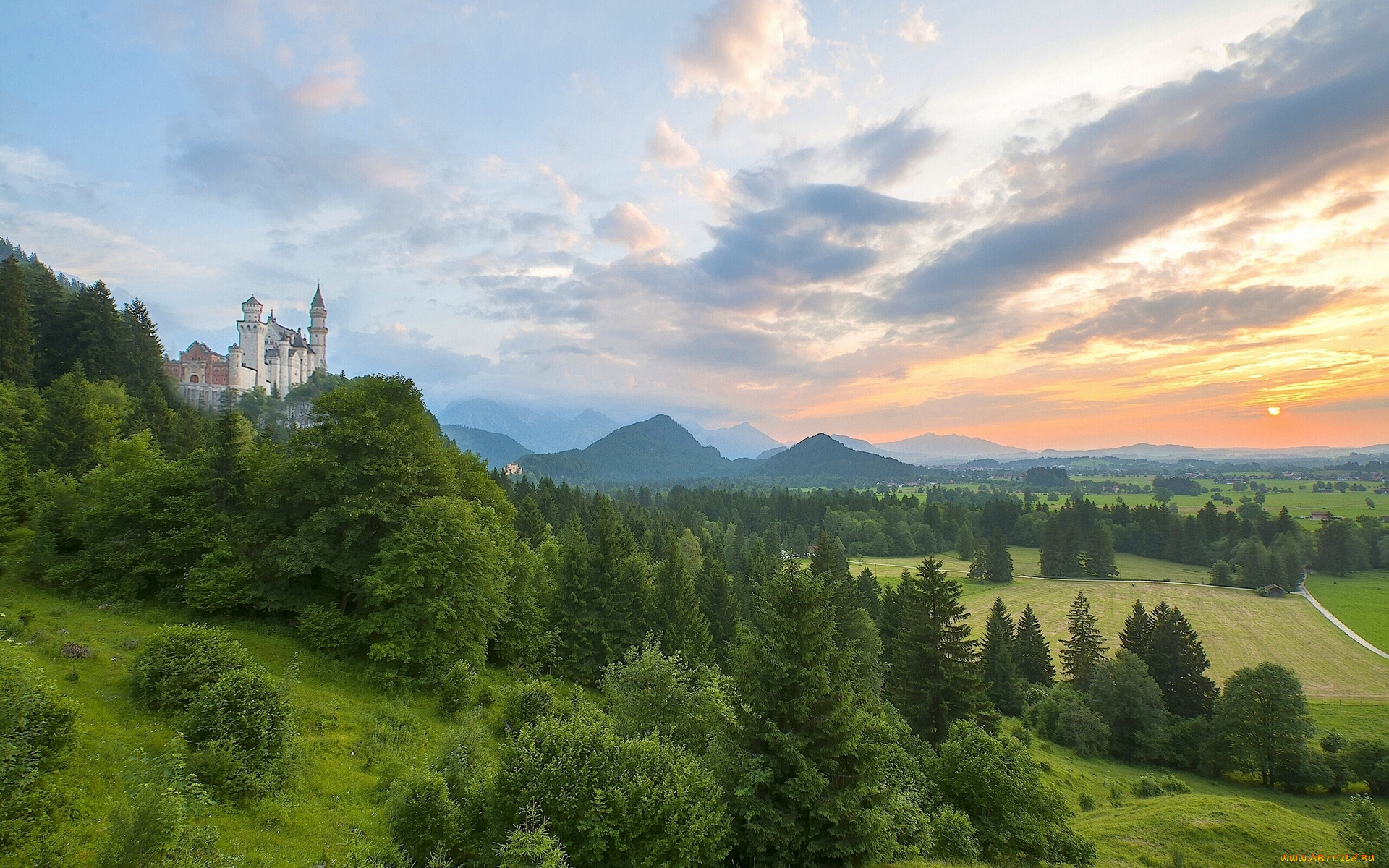 neuschwanstein, castle, bavaria, germany, города, замок, нойшванштайн, германия, бавария, поля, панорама, закат, лес, горы