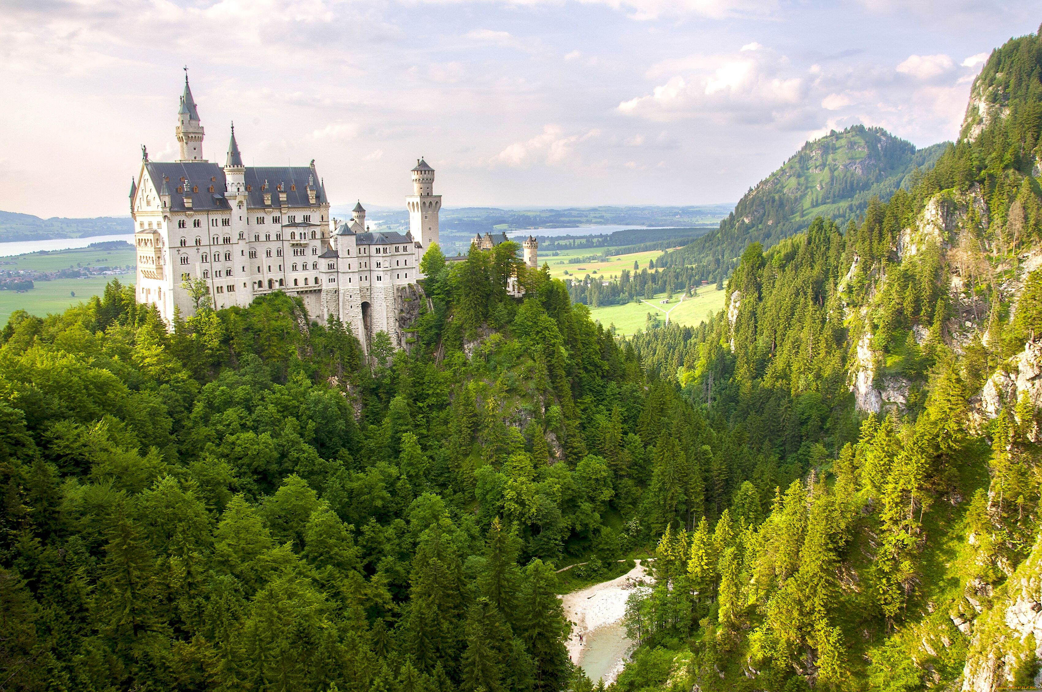 neuschwanstein, castle, bavaria, germany, города, замок, нойшванштайн, германия, лес, горы, бавария, панорама