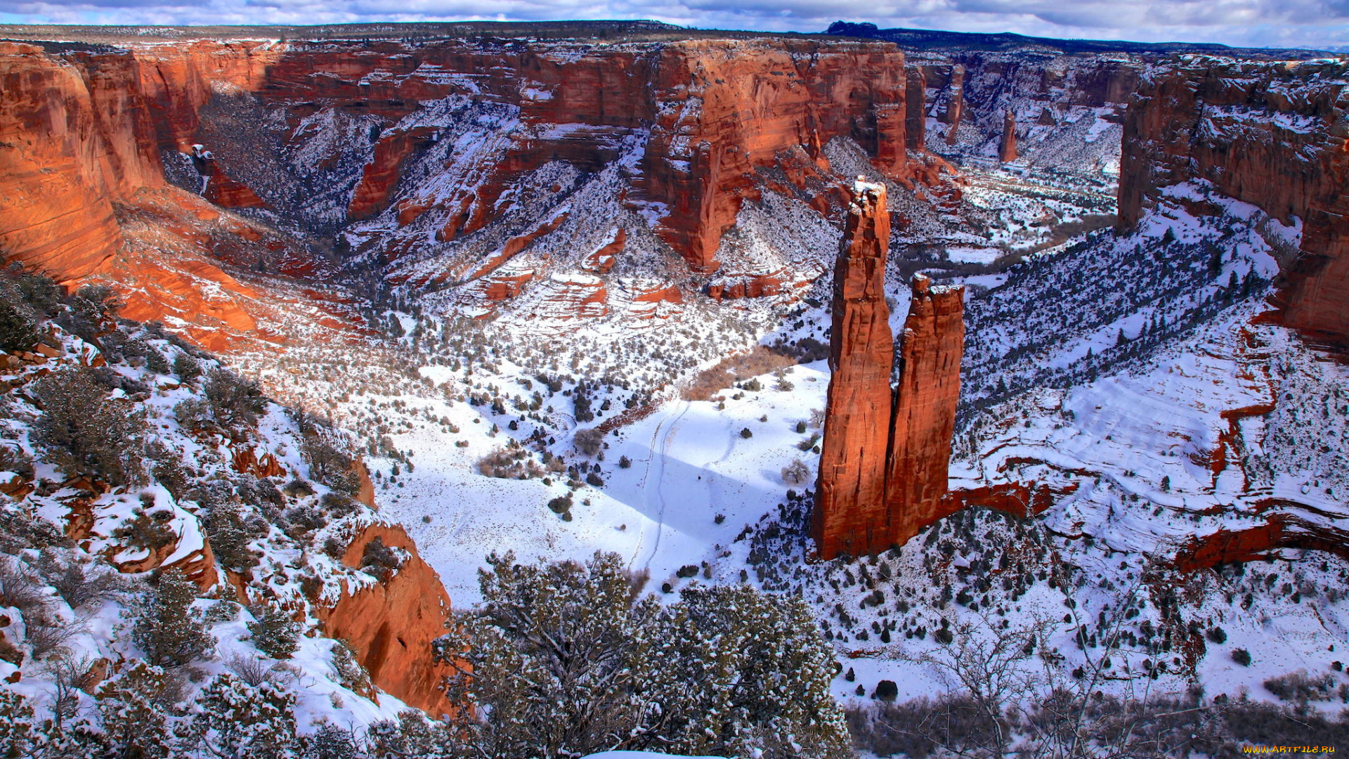 природа, горы, canyon, de, chelly, in, the, navajo, nation, arizona, скалы, каньон, снег, пейзаж