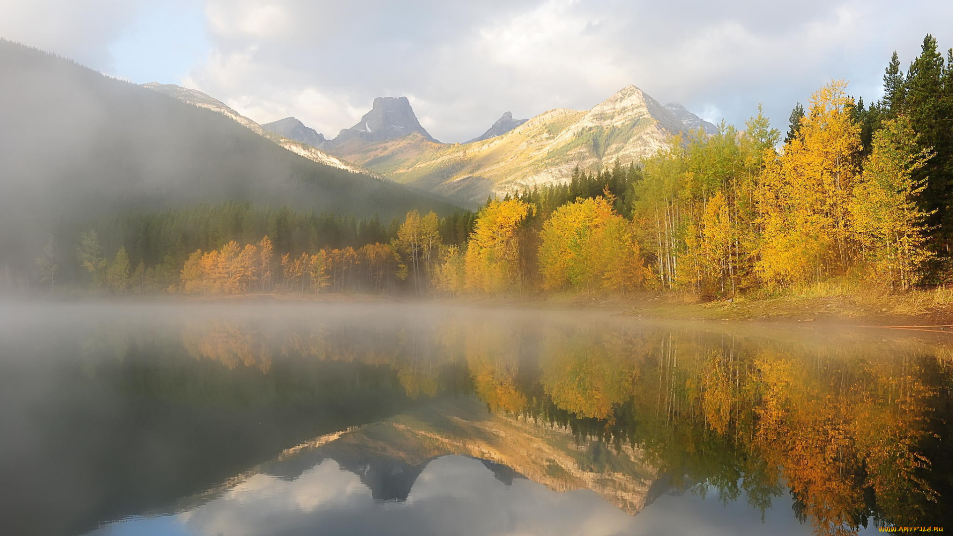природа, реки, озера, утро, озеро, горы, осень, деревья, лес, туман