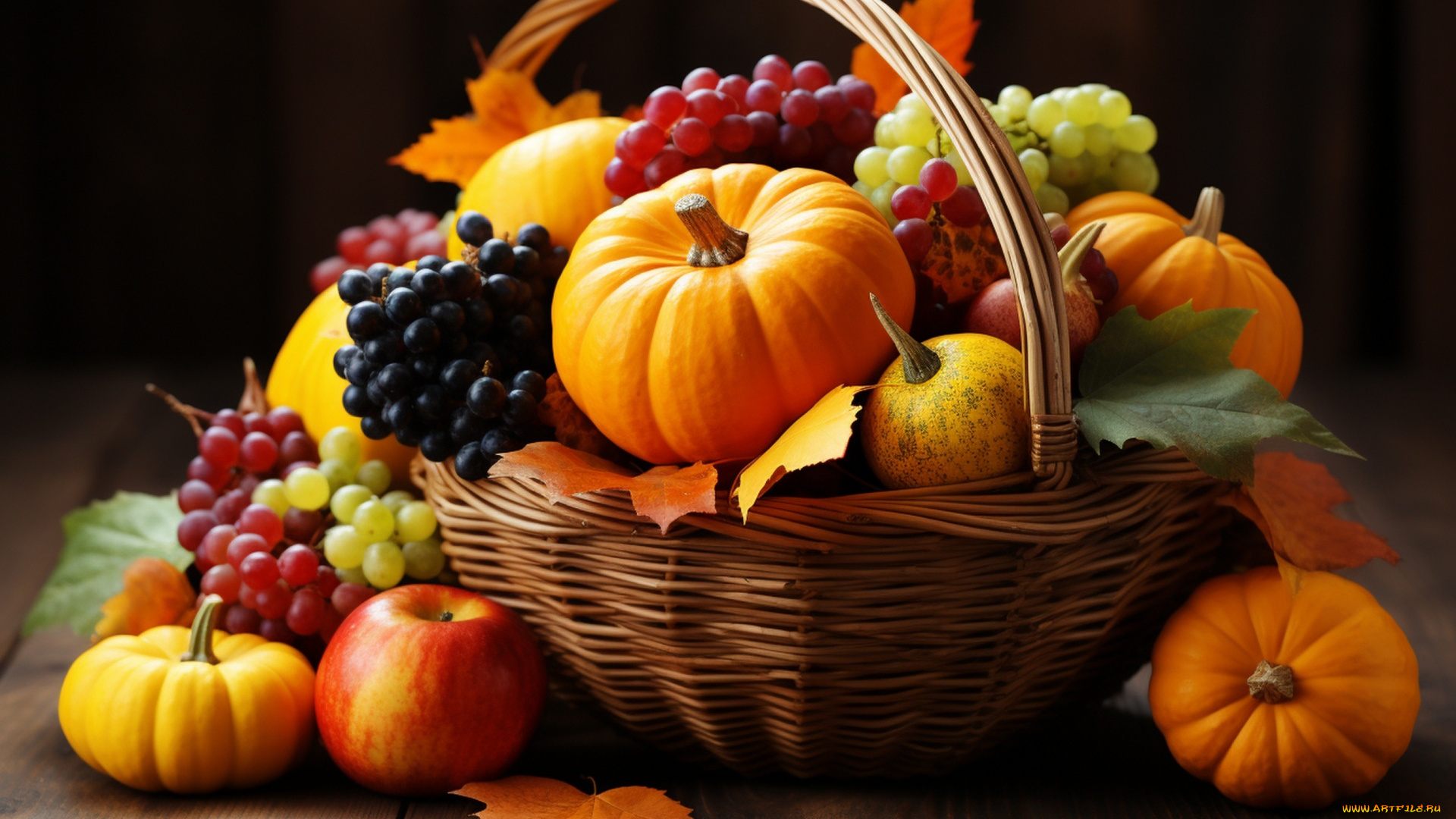 еда, фрукты, и, овощи, вместе, корзинка, кленовые, листья, виноград, тыквы, яблоко