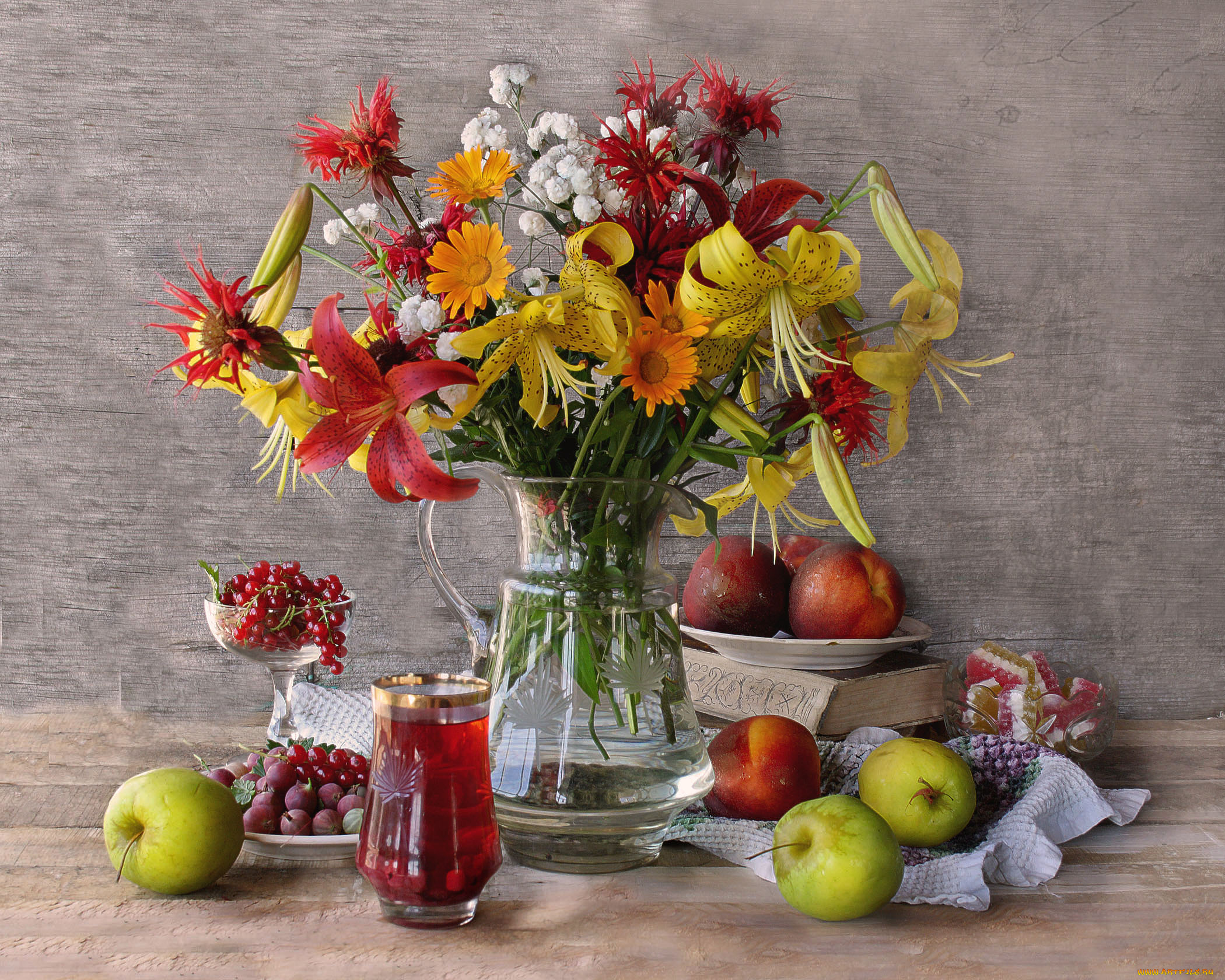 еда, натюрморт, ягоды, фрукты, яблоки, летний, персики, композиция, мармелад, красная, смородина, цветы, крыжовник