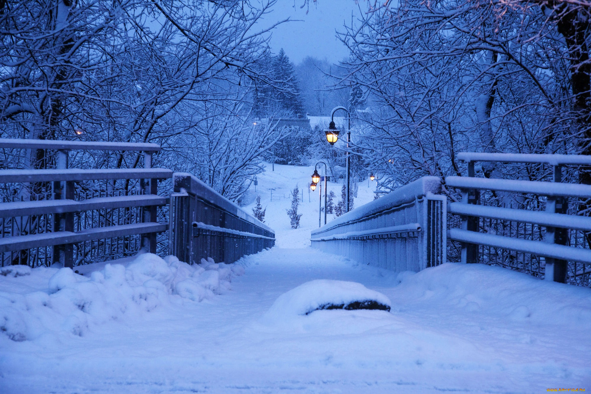 природа, зима, вечер, снег, фонари, мост, фото