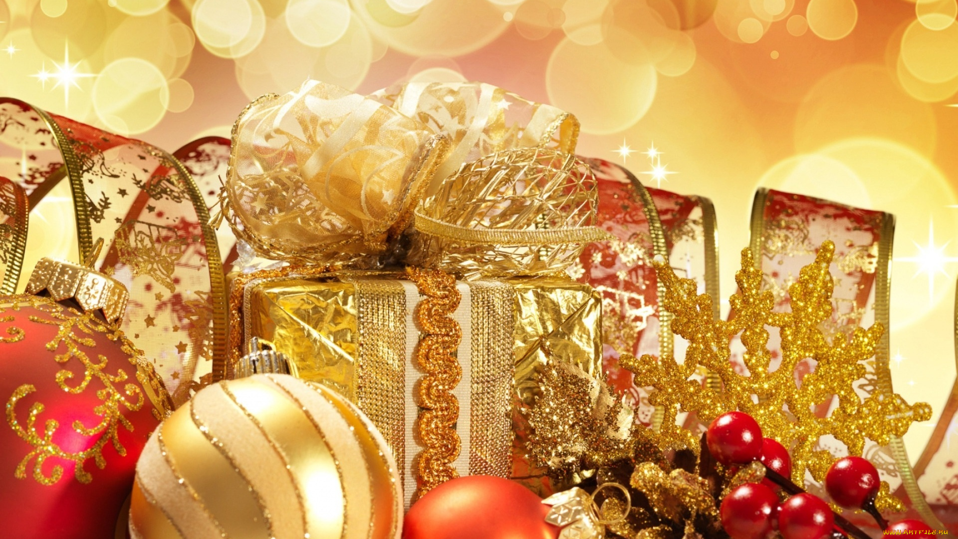 праздничные, подарки, и, коробочки, шарики, блики, ягоды, лента, коробка, снежинка