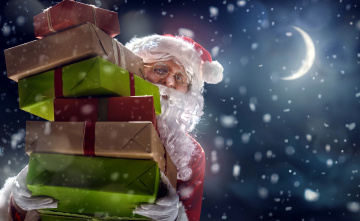 Картинка праздничные дед+мороз +санта+клаус снег подарки коробки луна санта
