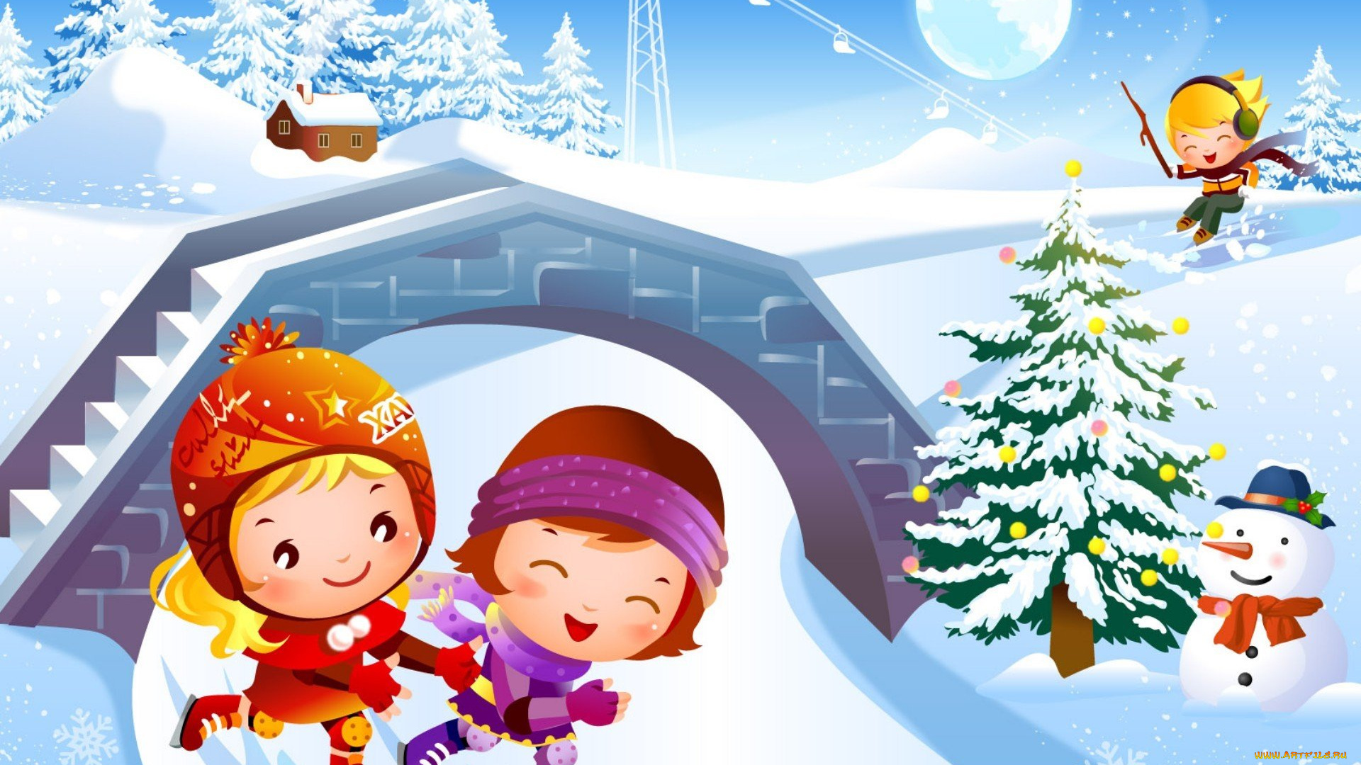 праздничные, векторная, графика, , новый, год, дети, ёлка, коньки, горка, снеговик, снег