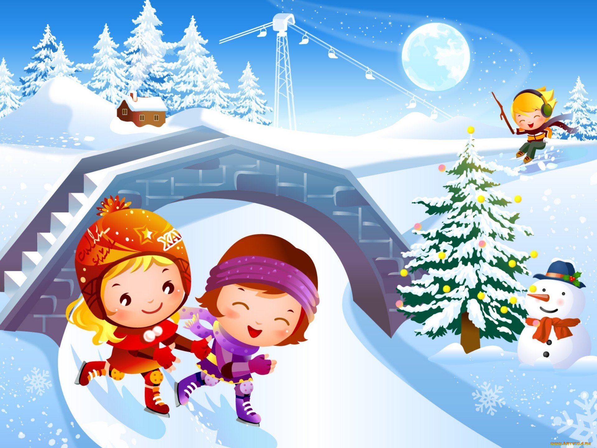 праздничные, векторная, графика, , новый, год, дети, ёлка, коньки, горка, снеговик, снег