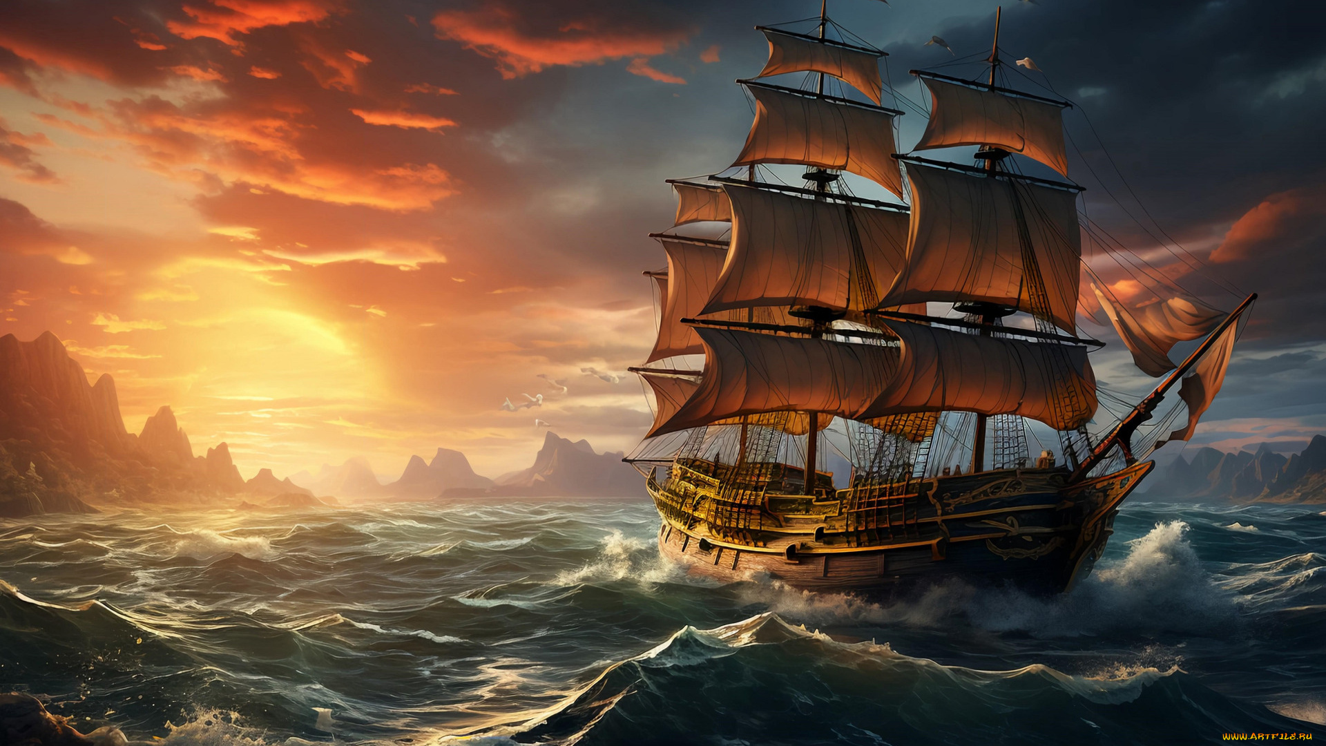 корабли, 3d, море, небо, вода, облака, корабль, парусник, паруса, водоем