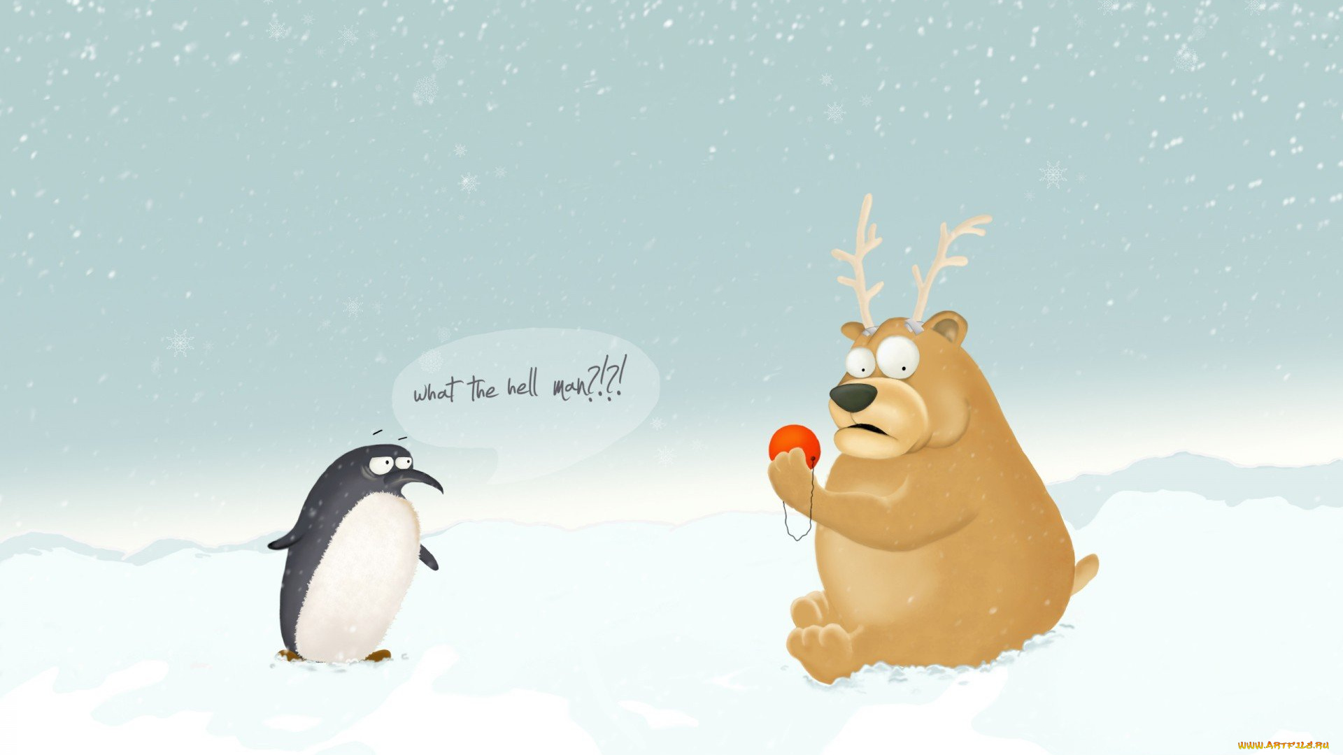 праздничные, векторная, графика, , новый, год, пингвин, медведь, рога, шарик, снег