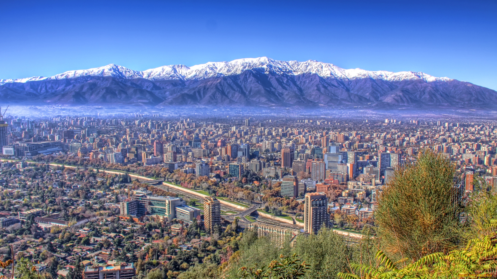 сантьяго, Чили, города, столицы, государств, панорама, крыши, горы