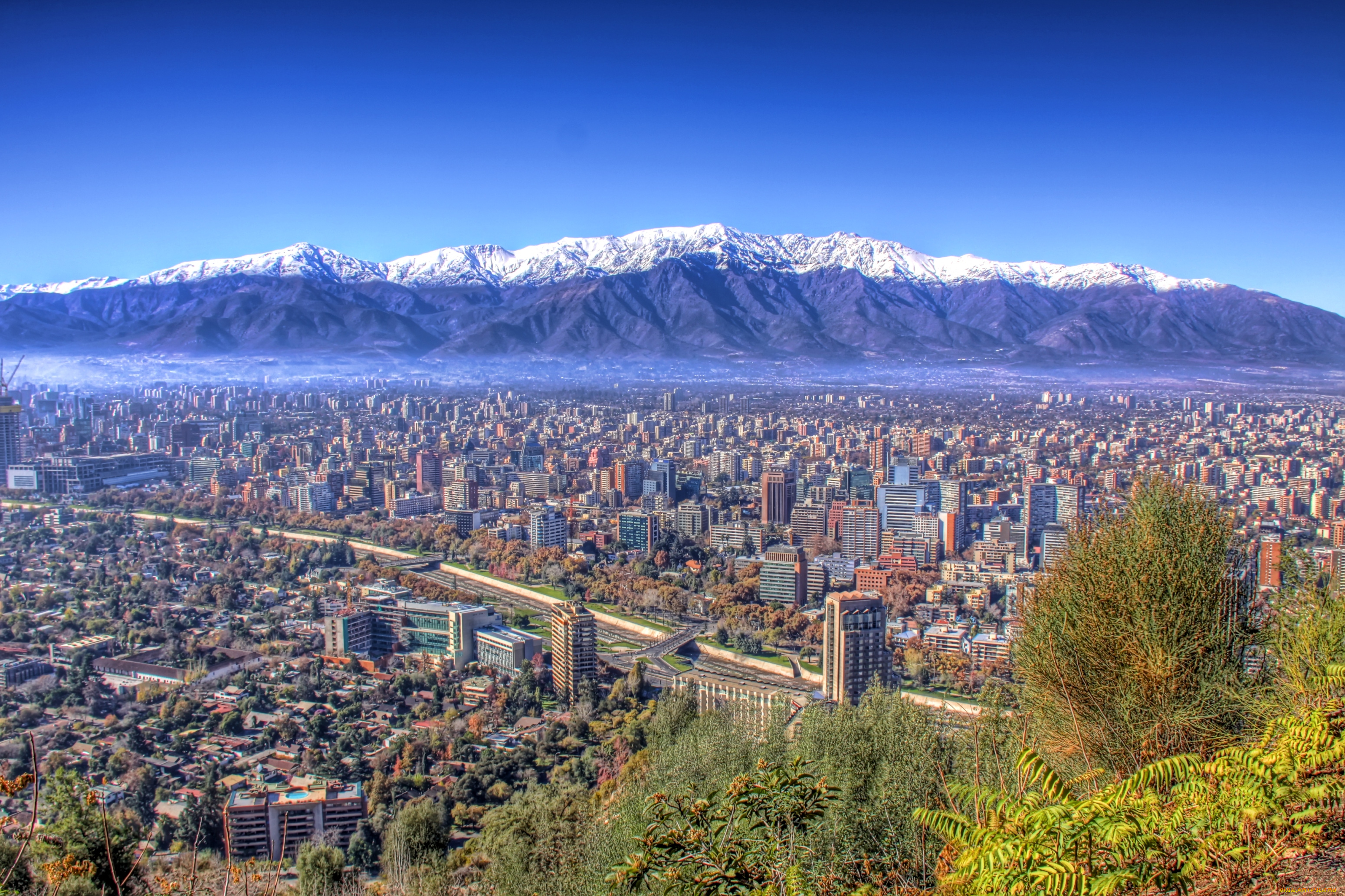сантьяго, Чили, города, столицы, государств, панорама, крыши, горы