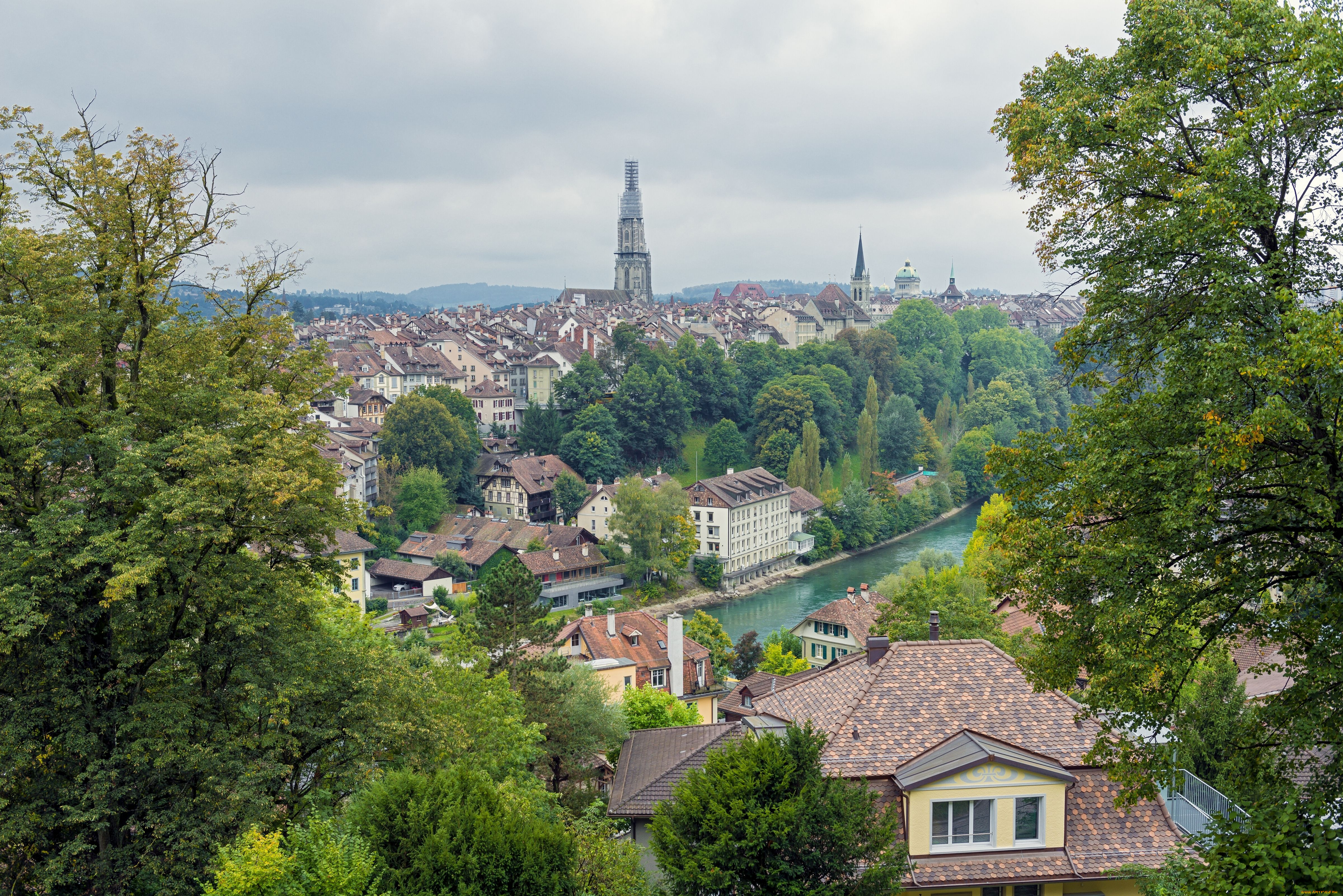bern, switzerland, города, берн, швейцария, деревья, здания, река, панорама