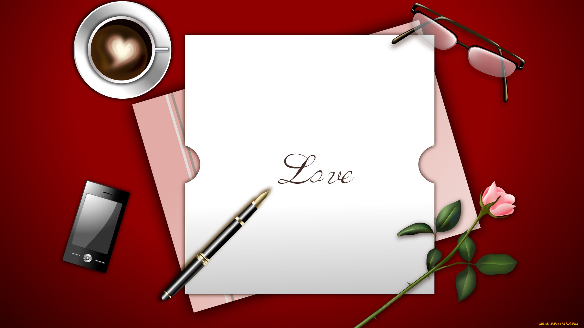 праздничные, день, святого, валентина, , сердечки, , любовь, сердечко, ручка, кофе, цветок, роза, письмо, любовь, бумага, чашка, стол, телефон, блюдце, очки