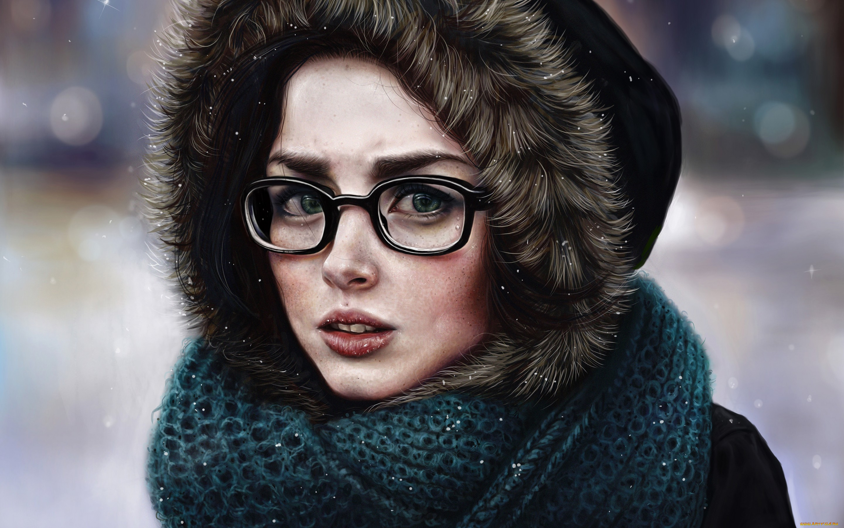 рисованное, люди, девушка, зима, капюшон, очки, шарф, холод, лицо, взгляд