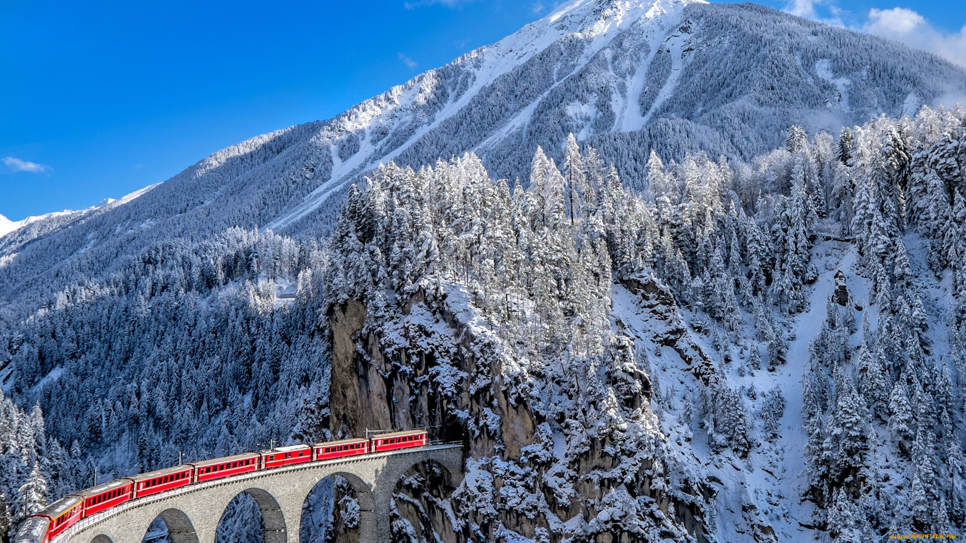 техника, поезда, швейцария, горы, ели, виадук, ландвассер, зима, альпы, снег, кантон, граубюнден, поезд, железная, дорога