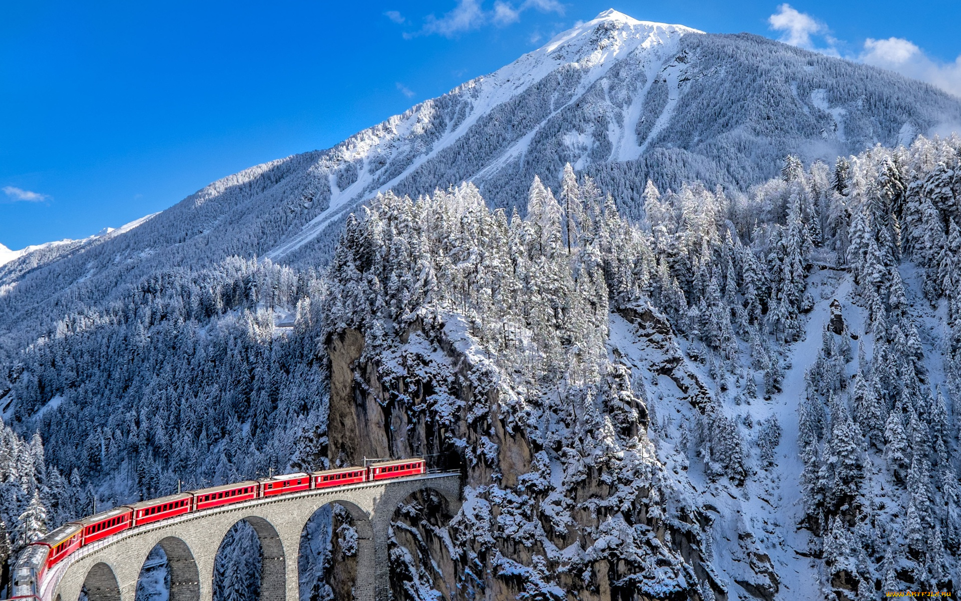 техника, поезда, швейцария, горы, ели, виадук, ландвассер, зима, альпы, снег, кантон, граубюнден, поезд, железная, дорога