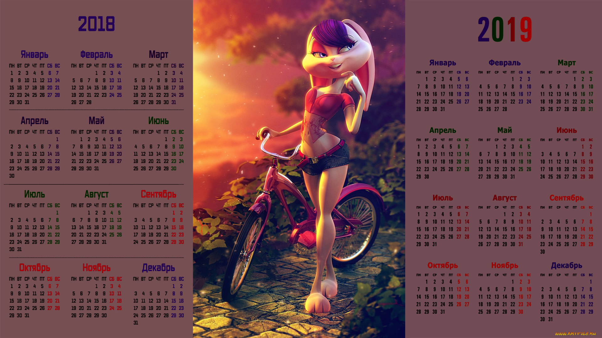 календари, 3д-графика, 2018, взгляд, заяц, велосипед