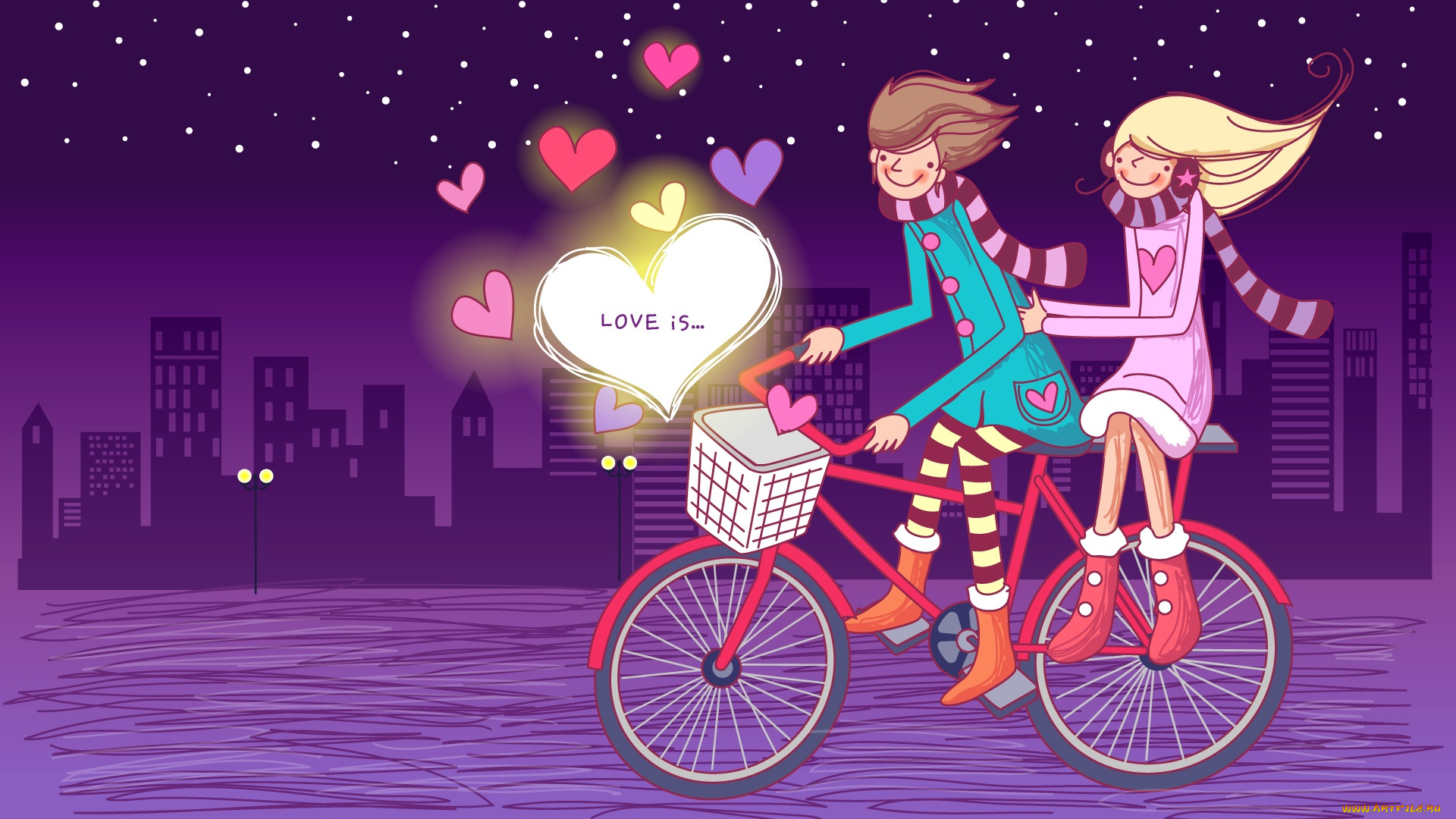 рисованное, праздники, пара, велосипед, любовь, сердечки, город